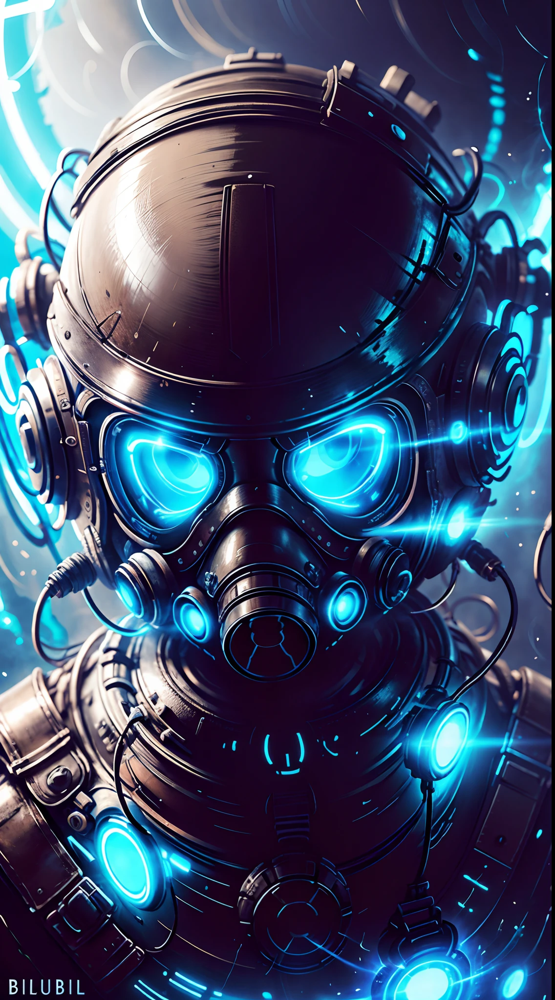 Portrait of an angel with a gas mask on, Blue lights, in the style of BlueAP, realistic