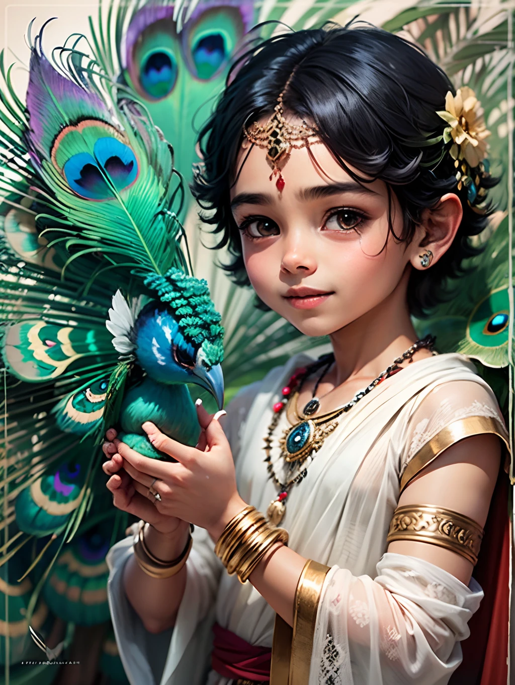 Little Krishna with his charming blue skin and black hair, with a mischievous grin, holding the peacock-feather with his both hand. --auto --s2