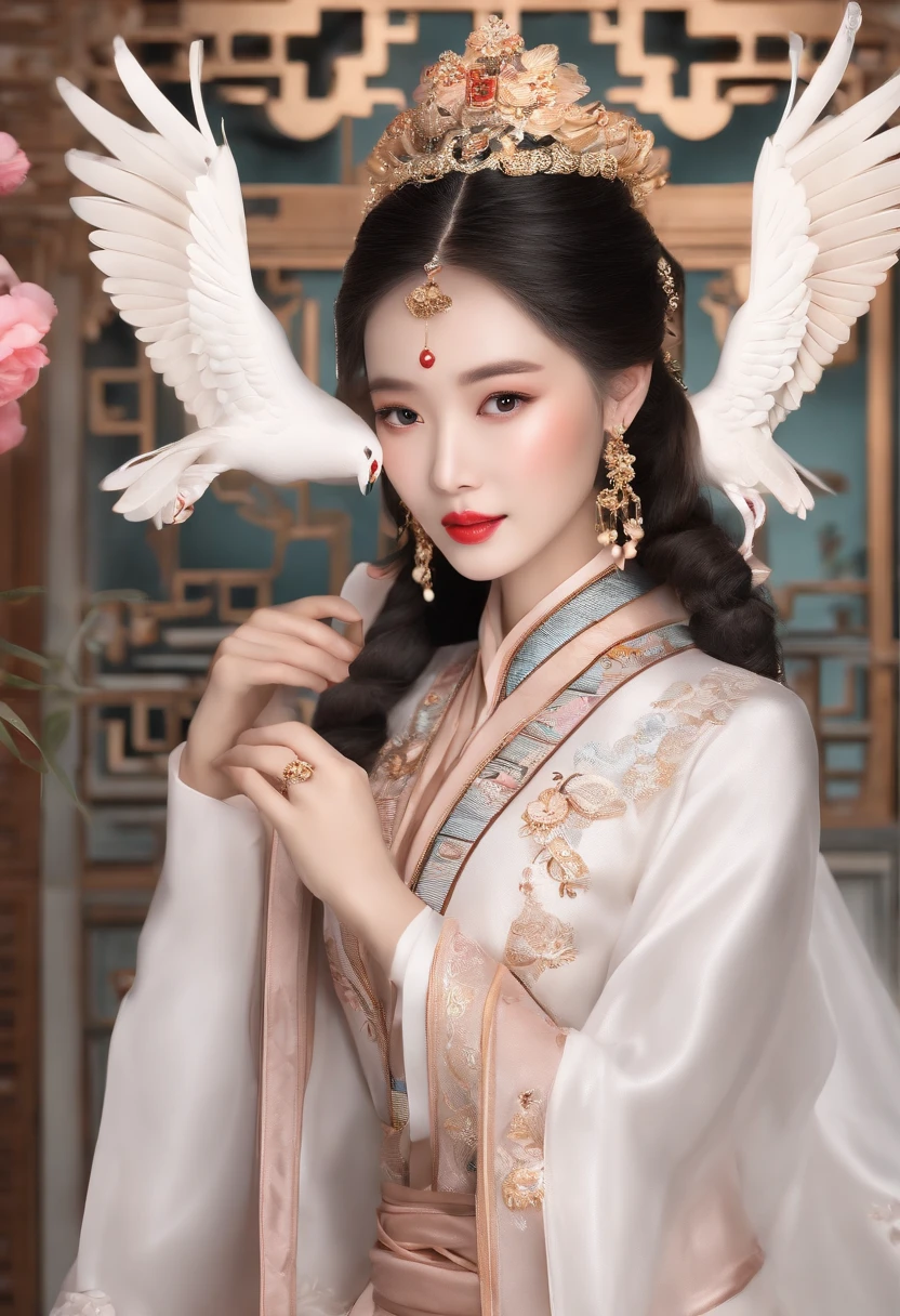 (White background:1.4),(Chinese illustration:1.3,paper art:1.3, Quilted paper art:1.2),( reasonable design, Clear lines, High sharpness,Best quality, Very detailed, Masterpiece, movie light effect, 4K )((best qualtiy)), ((tmasterpiece)), (the detail:1.4),3D girl,A woman,big breasts beautiful,Brown pupils,Wear pink,Wear a gold necklace,Wear a pink trench coat,cabelos preto e longos,Qi bangs,Earring anisotropic filtering、flatchest,Beautiful eyes, Very thin lips, beautiful eyes with details, slender eyes, Blush, Long eyelashes, beautiful double eyelid, eye shadows,depth of fields、maximum definition and sharpness,morden style