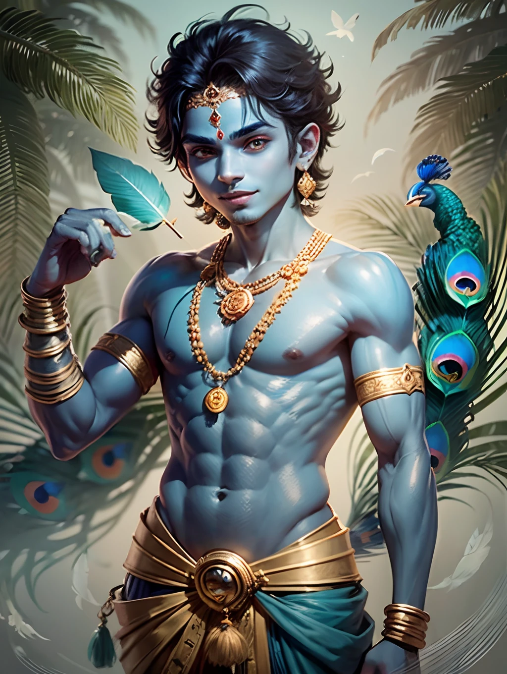 Little Krishna with his charming blue skin and black hair, with a mischievous grin, holding the peacock-feather with his both hand. --auto --s2