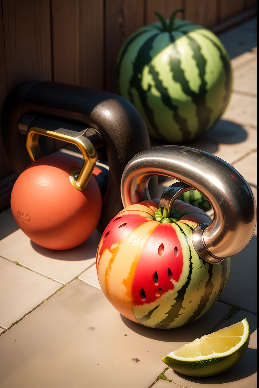 Kettlebells，water melon，The orange，Mix together