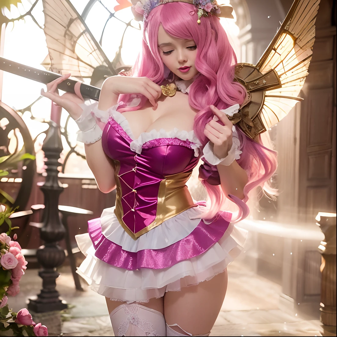 there is a woman dressed in a fairy costume holding a sword, fairycore, belle delphine, seraphine ahri kda, anime cosplay, ornate cosplay, glamourous cosplay, anime girl cosplay, jessica nigri, alice from alice in wonder land, fantasy photoshoot, cosplayer, sakimichan frank franzzeta, angelic pretty, fairy, cosplay photo