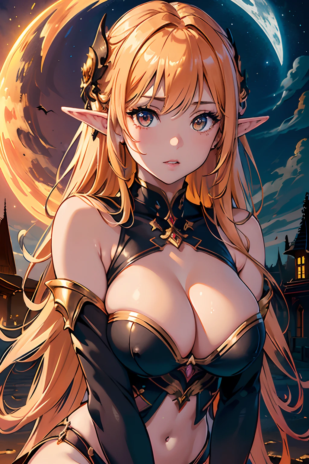 masterpiece, best quality,
1girl, (colorful),(finely detailed beautiful eyes and detailed face),cinematic lighting,bust shot,extremely detailed CG unity 8k wallpaper, elf girl, sexy armor, cleavage, long flowing golden orange hair, sultry expression, 
sky, cloudy_sky, moonlight, moon, night, (dark theme:1.3), light, fantasy, starry sky