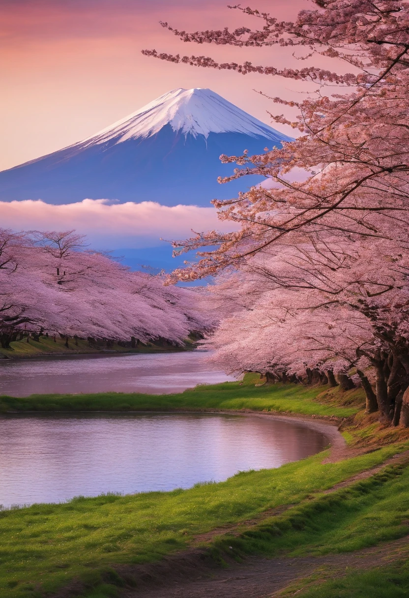 springtime　cherry trees　　Mt fuji　spotless　breezing