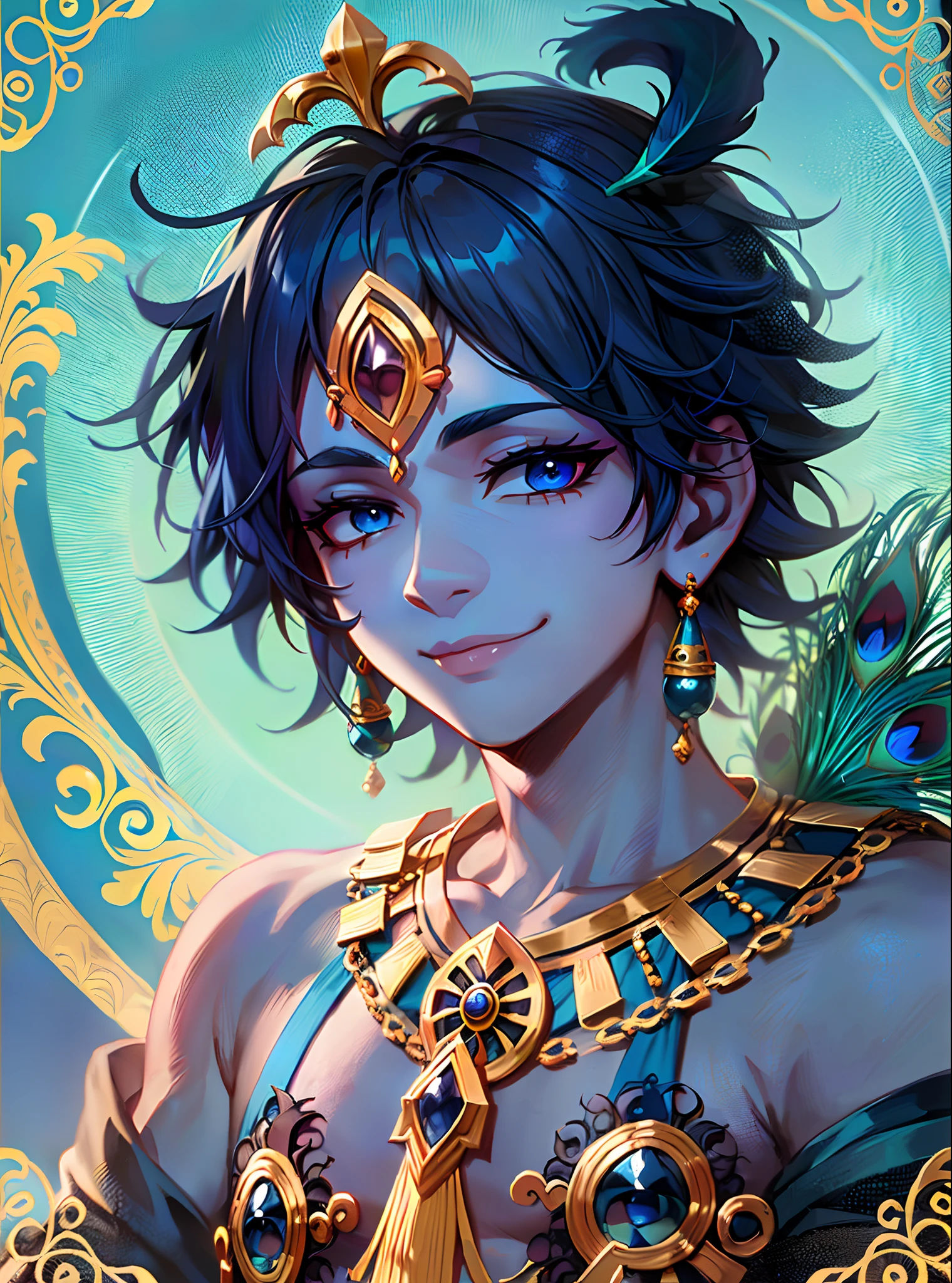 Little Krishna with his charming blue skin and black hair, with a mischievous grin, holding the peacock-feather with his both hand. --auto --s2