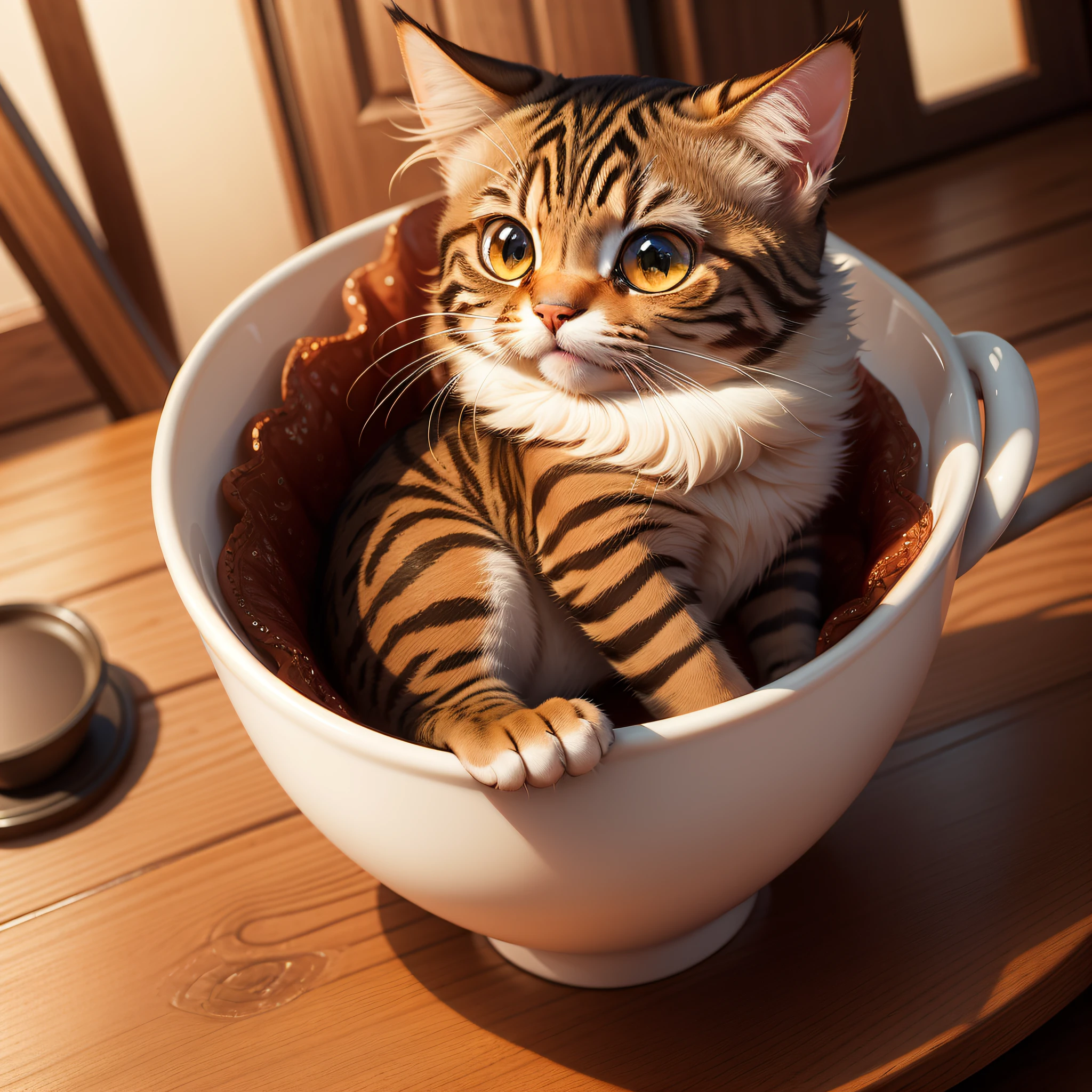 1 cat,Sit in a cup,fang,tawny eyes/tawny hair,Incredibly high detail, pixar-style,ultra-wide-angle, 8k, k hd, realisticlying