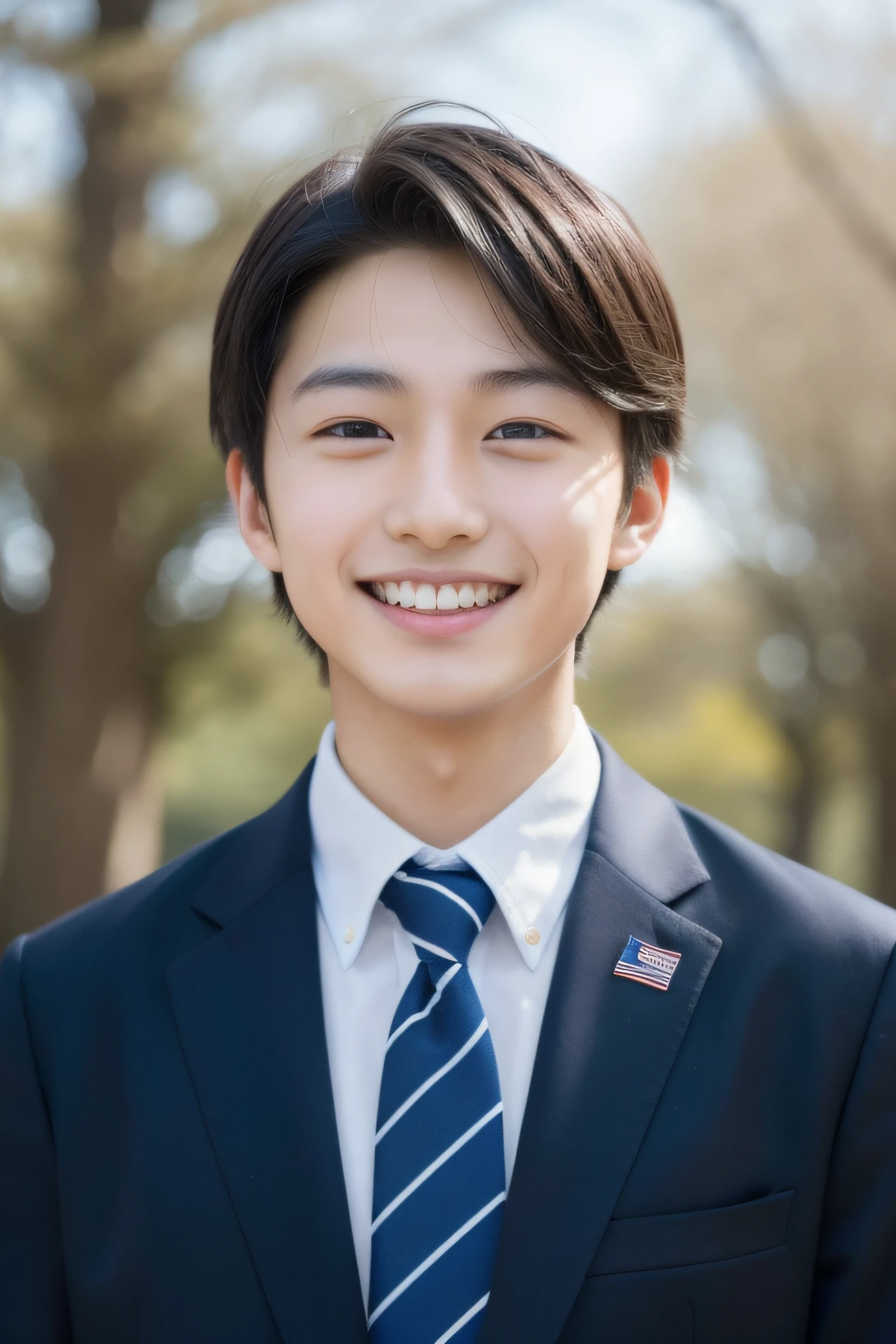 Only 1 person、male child、Japan Boys、A dark-haired、The upper part of the body、校服、neck tie、High school students、A slight smil、Teeth alignment is clean、a cool、An ultra-high picture quality、top-quality、masterpiece、18year old、Looking upwards