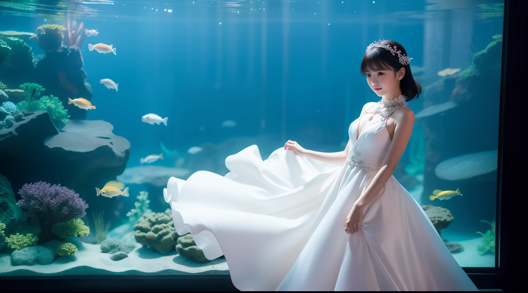 girl with, 独奏, Dressed in an elegant dress, Aquarium background, depth of fields, (Photorealsitic:1.4), top-quality, masterpiece, ultra-detailliert, Raw photo