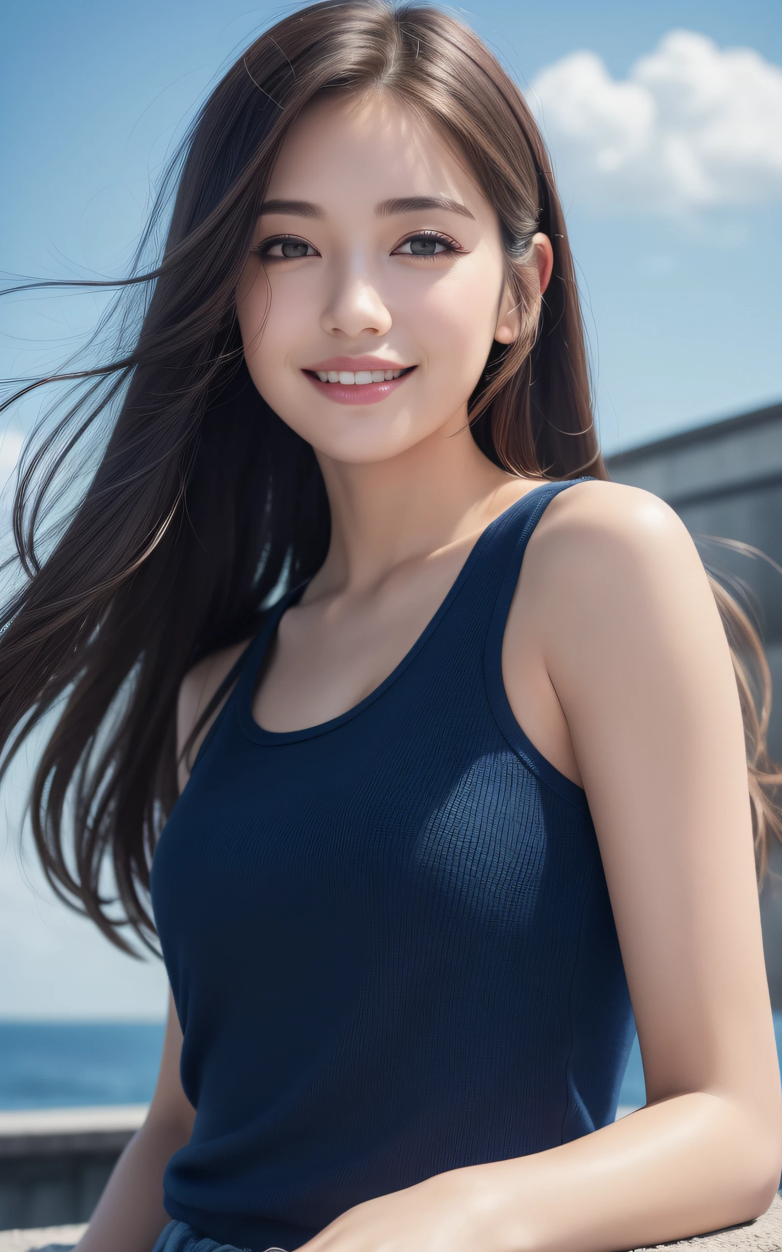 (8K, highest quality, masterpiece:1.2), (realistic, realistic:1.37), ultra detail, 1 girl, Korean, cute,alone,beautiful and detailed sky,date,(blush),(smile:1.15),(closed mouth)small breasts,beautiful and fine eyes,(long hair: 1.2),Floating hair NovaFrogStyle, Upper body, Tank top,