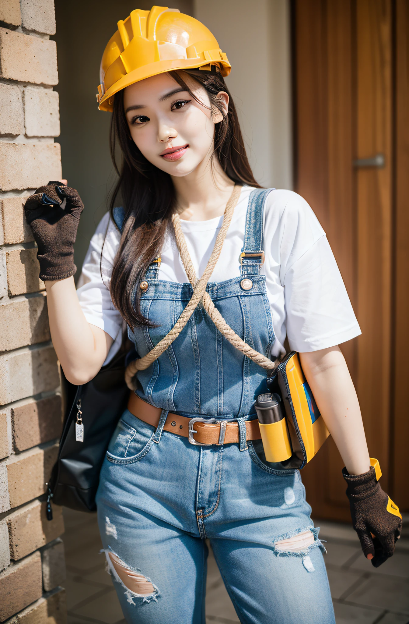 Realistic depiction of "Eri Kamei" Discover the world of cosplay "Iris duty" (Faye Construction Worker). Dressed in symbolic attire of the profession, She is equipped with a safety helmet, Tabi boots, ・Characteristic tobi pants. Her tool pouch is full of essentials, And her rope harness guarantees safety. The gloves she wears, Her muscular physique, And tanned skin is a testament to the efforts of the profession. Her white teeth shine brightly, Contrast the sturdiness of the work. Images should be of the highest quality, Combining the authenticity of Tobi workers with the charm of idols. Use Sony Alpha a9 II mirrorless camera, FE 24-70mm f/2.8 GM Lenses, Resolution 24.2 megapixels, ISO sensit: 204,800, Shutter Speed 1/32000 seconds - AR 16:9 - V5.1 --Style raw --Q 2 --S 750.