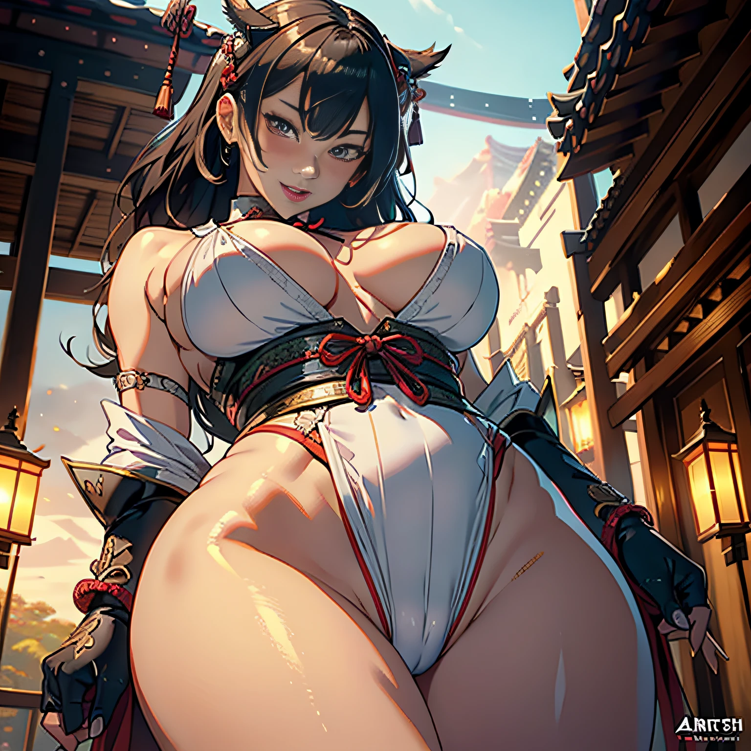 Beautiful samurai ,(((petting cameltoe))),Stick out your tongue,Close-up of crotch,(There is only sarashi on the chest),trending on artstationh, Sharp focus,, Intricate details, Highly detailed,, intricate face details,Curvy physique, Thick body,((Mature female)),(Open mouth),((Sexual suggestiveness)),at the palace,vibrant, 4K, Intricate details, big breasts enchanting, Professional manufacturing, 12k resolution,(Seductive smile),Black hair