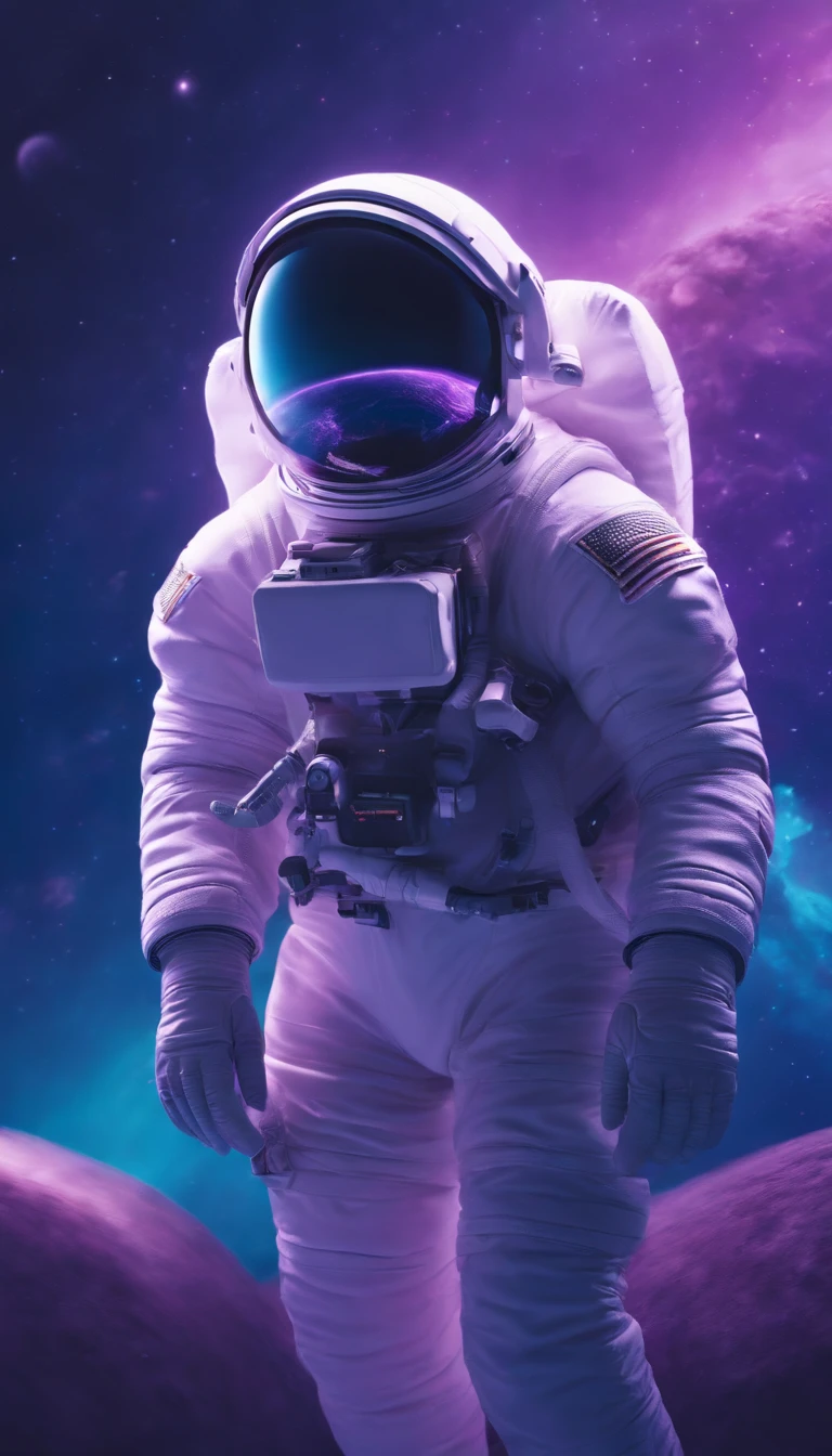an astronaut floating in a purple and blue space with a purple and blue background, astronaut lost in liminal space, lonely astronaut, style hybrid mix of beeple, amazing space creature 4 k, astronaut below, detailed astronaut, beeple artwork, jen bartel, beeple daily art, 3 d render beeple, astronaut, 8k stunning artwork