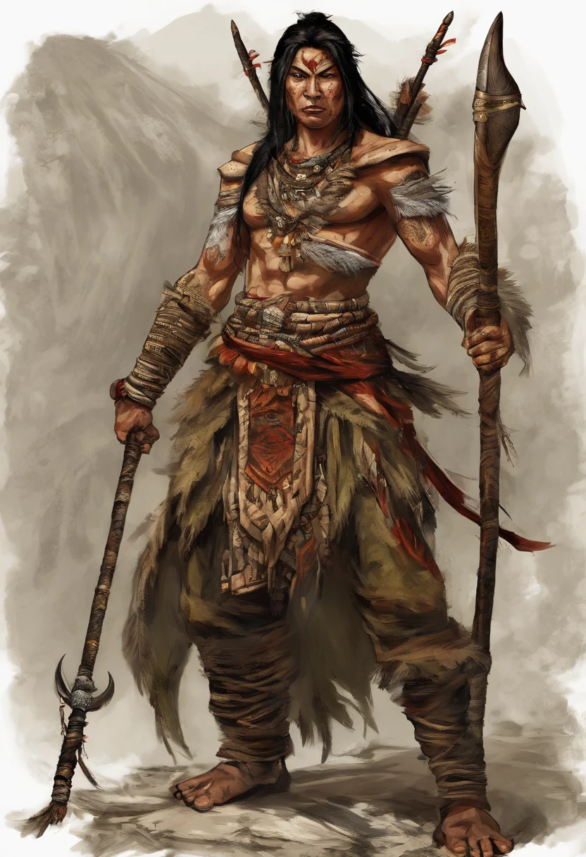 An Asian female leader with a beast bone and a bow and arrow, Good facial features,There is a totem on the face,Rough skin texture,The skin is yellow skin,Wear jade around the waist,Wooden cloth shoes on his feet,fantasy character concept, complex fantasy character, heroic fantasy character concept, rpg concept art character, full body concept, character posing for concept art, rpg character concept art, senior concept artist, detailed full-body concept, Fantasy character design, dark fantasy character design, concept art character, spirit fantasy concept art