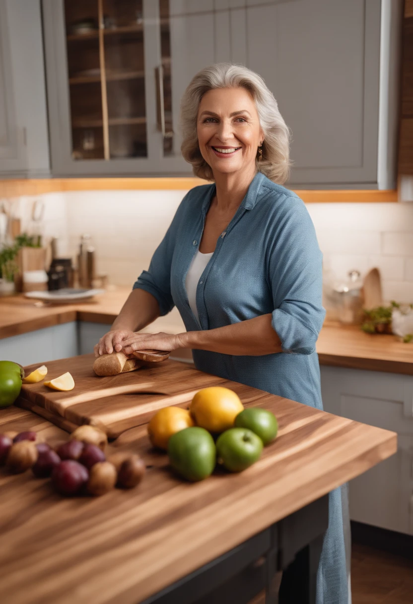 Middle-aged European woman,In bright kitchen,rays of sunshine,Presentation with walnut cutting board in hand,ssmile,