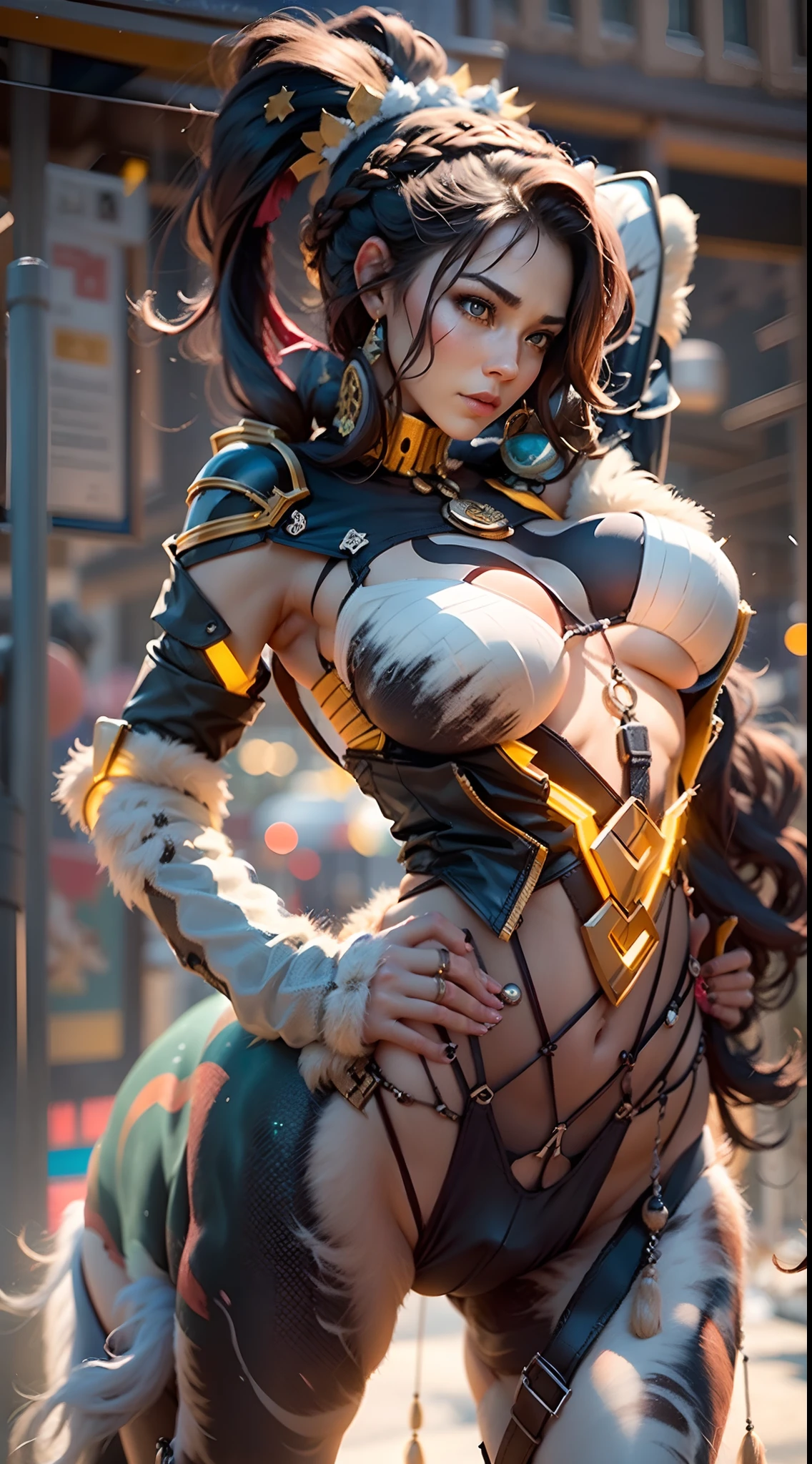 In a very grand scene，The extra-large wide-angle lens captures the appearance of a female centaur。She is tall，It has the ultimate curvy beauty，The muscles are slender and firm，Beautiful lines。Her facial features are tough and coquettish，Always with a sunny smile。She wears special tight-fitting equipment with a strong sense of technology，Step on multifunctional off-road style heels，Delicate and practical protective gear is worn on the hands, feet, wrists, neck and shoulders。The detection equipment around you flashes various cue lights and neon-like information screens，Let her exude a charming brilliance。Use Midjourney's advanced tools，Design special tight-fitting equipment for female centaurs，Highlight her unique physiological characteristics and appearance details，Add realism。And in her adventure scene，Spectacular views of nature，Such as the sky where storms and sunny days alternate、Brilliant rivers of stars and auroras、The snow-capped summit of Mount Everest、Fireworks in the mountain town, etc。ao mesmo tempo，Away from the hustle and bustle of Long Beach Pier is a neon-lit spaceship docked，Create a fantastic scene。Use Midjourney's advanced tools and multiple color palettes、Brush Strokes、Texture tools and model packages，It shows a sense of atmosphere where beauty and charm coexist。The charm of the female centaur is highlighted through color and lines，Enhance realism with detailing，Create a surreal dreamy feeling。Additionally，Use Midjourney's tools to add a variety of extreme sports gear and cultural trinkets to the female centaur，Create intricate hairstyles and outfits，Give her a sense of premium。She never flinches，Regardless of the terrain，can respond quickly，Even the extreme geography and dangerous terrain of aliens cannot stop her。Use Midjourney's powerful tools，You can do it with incredible detail and beauty，Bring this ultra-grand and beautiful scene to life。Ultra-grand scenes，super wide shot， hdr，（真实感，Masterpiece quality，best qualtiy），