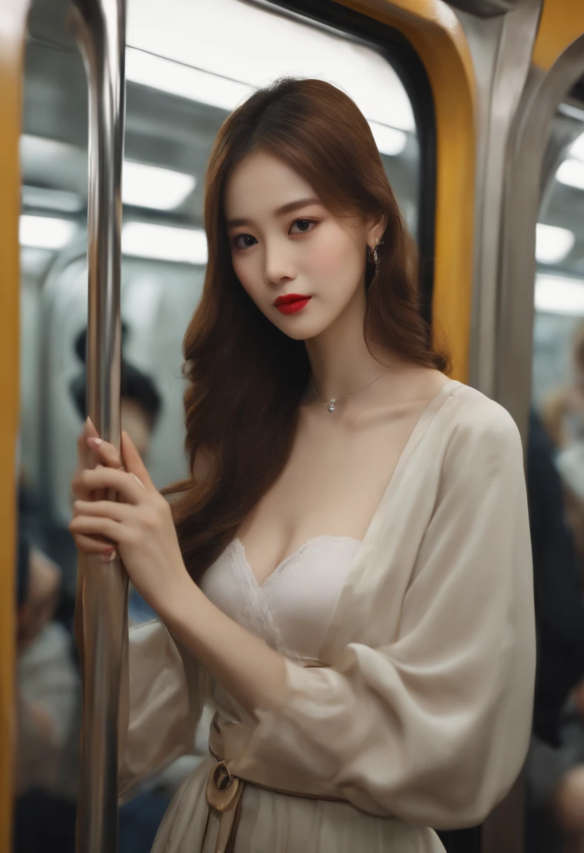 Photorealsitic、detaileds, Skin Texture, ultra-detailliert、VERY crowded subway train interior detailed background, (woman 1) Use sexy (neat college girl、petite person、(onepiece)、(Slimed、small tit、flat boobs)), (((Lifted skirt)、Delicate and sexy collarbone、blushed face, Super Detailed Face、Detailed lips、A detailed eye、二重まぶた、20 years girl), (((Old little man touching the chest of woman 1)))