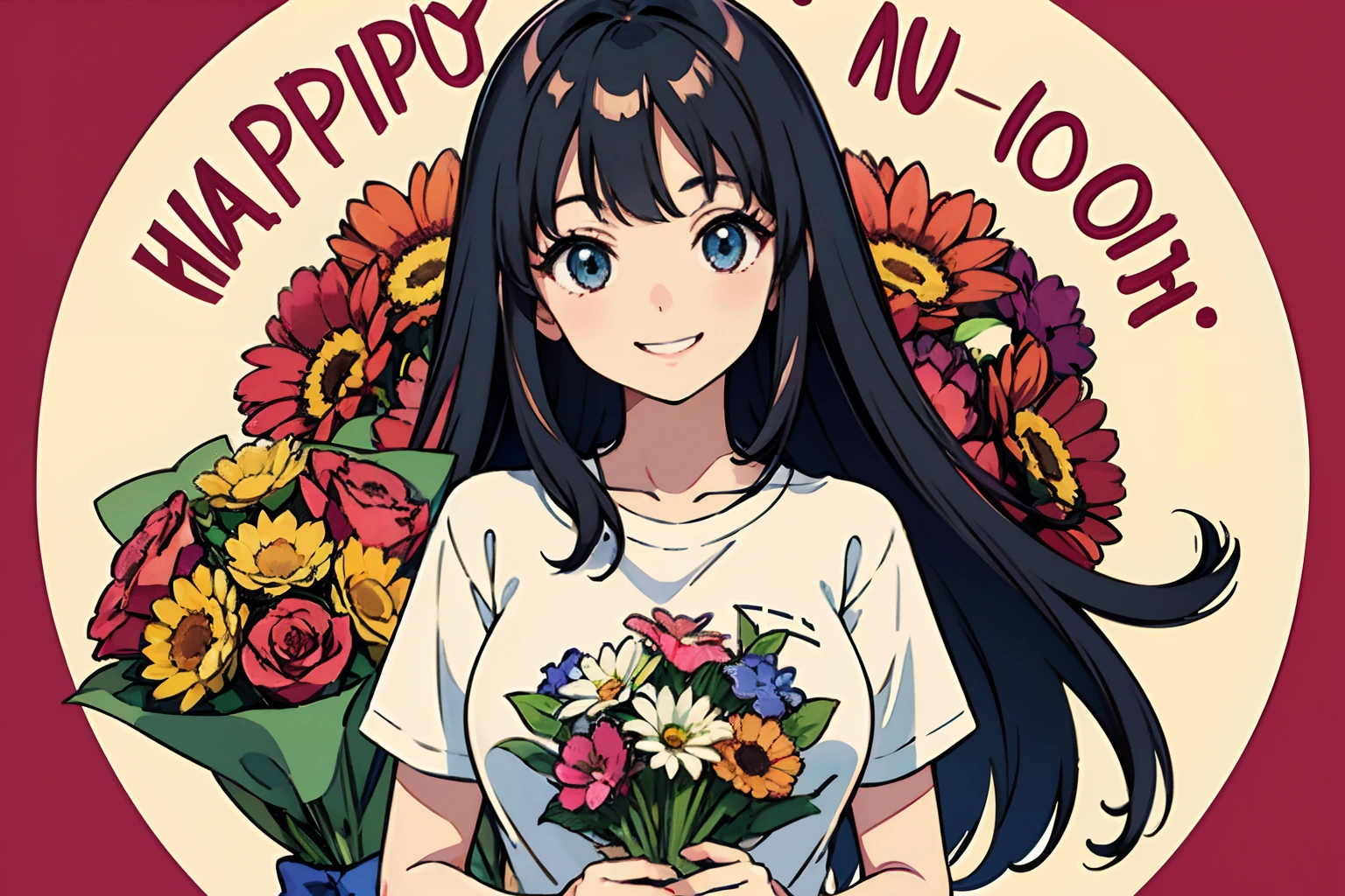 Best quality、超A high resolution、full bodyesbian、Girl working in a flower shop、Wear a boyfriend-style t-shirt，Making a bouquet、Florist background， Cute happy smile