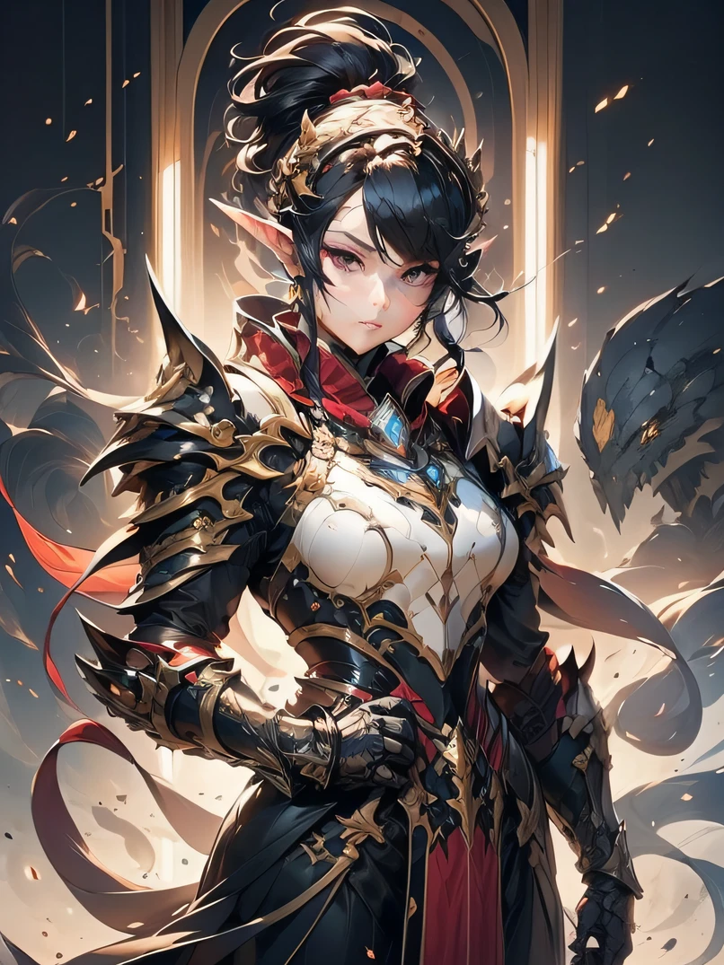 top-quality、ultra-detailliert、Very delicate、lighting like a movie、Unique lighting effects、Full body portrait of beautiful 40 year old female elf、cowboy  shot、Environments with complex details、ighly detailed、Elegant person、Graceful aura、Elaborate patterns that blend fantasy and modernity、Black cloak of flowing fabric、Richly textured black leather armor and leggings、Delicately carved black plate armor、Bustling medieval cityscape and castle in the background、Mystical atmosphere filled with magical elements、Dynamic lighting with vibrant colors、Detailed background depiction、Deep sense of depth、Depth and mood、A dark-haired、tall、a small face、well-proportioned figure、Hairstyle Ponytail、Seductive blue eyes、Sharp eyes、hyperdetailed face、A detailed eye、Detailed hand depiction、Detailed foot depiction、Dynamic action