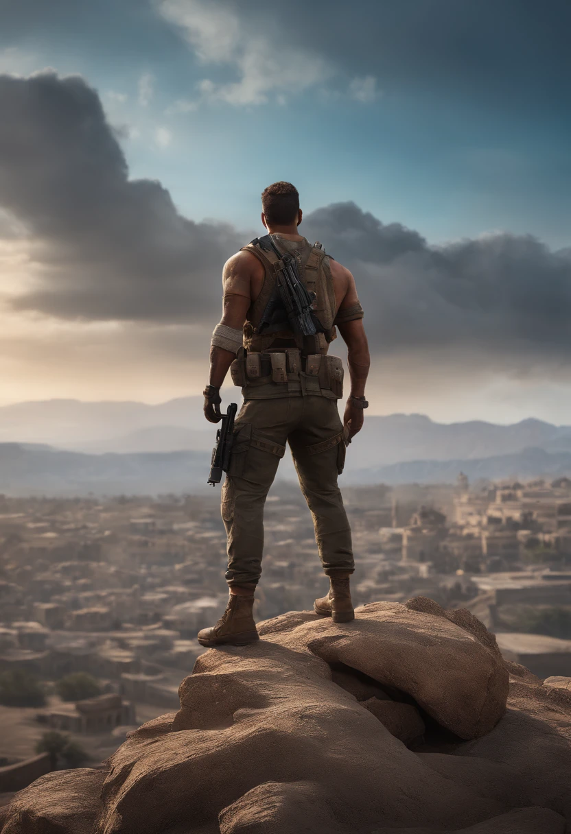 Image of Arafard standing on a rocky hill, with the city as the background, ruined city in the background, squad fighting enemy, Sit on a dusty hilltop, in pubg, easy, very clear picture, ruined city in the background, farcry, warzone background, game screenshot, destroyed city in background