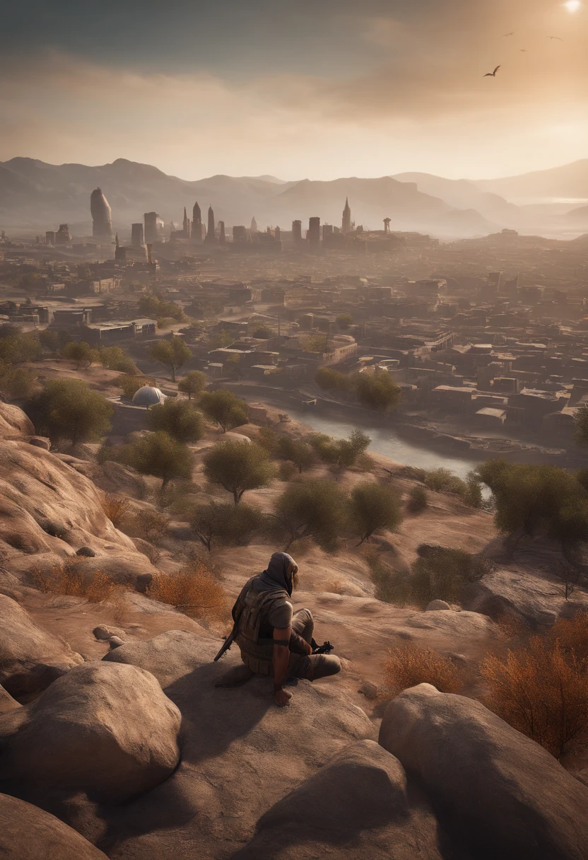 Image of Arafard standing on a rocky hill, with the city as the background, ruined city in the background, squad fighting enemy, Sit on a dusty hilltop, in pubg, easy, very clear picture, ruined city in the background, farcry, warzone background, game screenshot, destroyed city in background