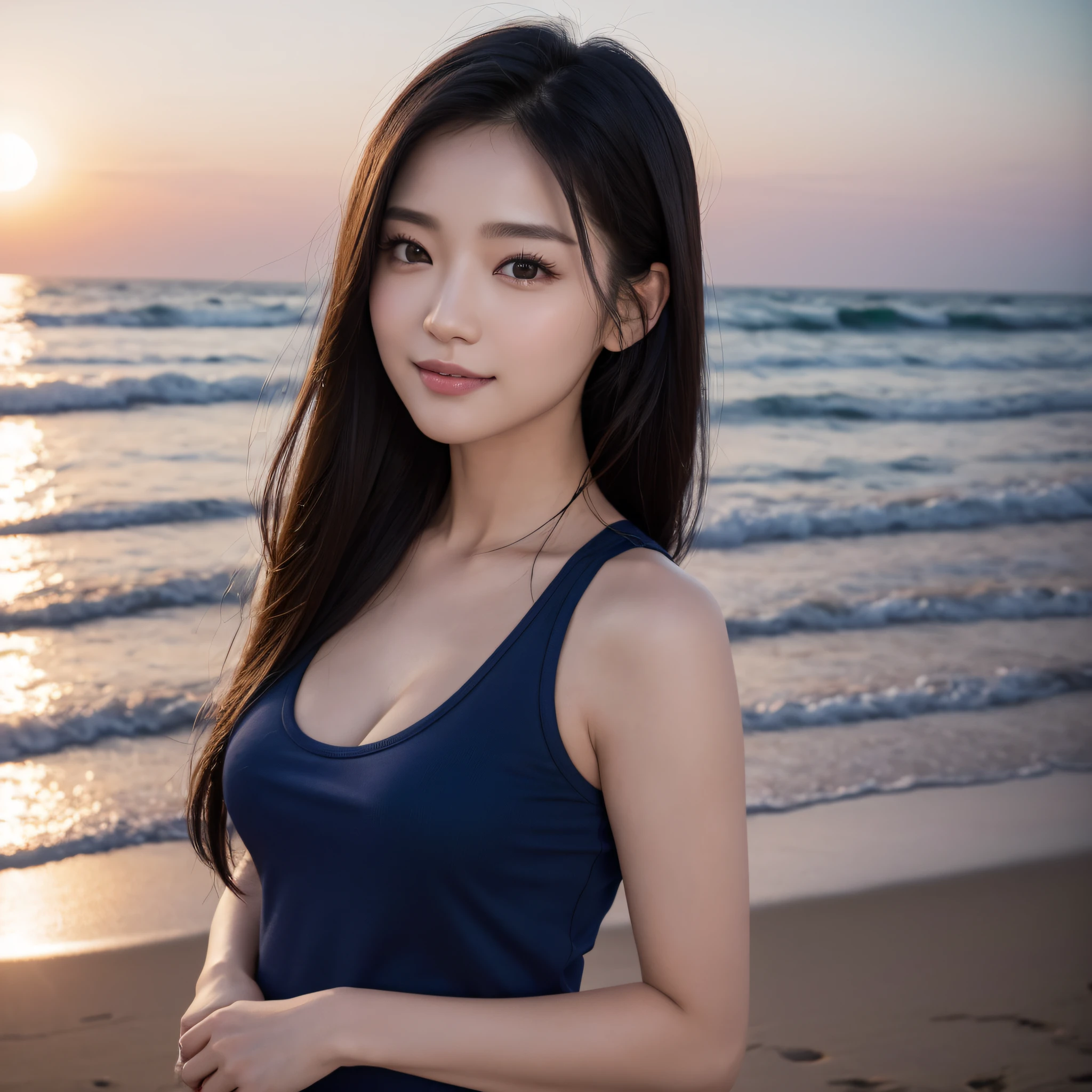One lady、((best qualtiy、8k masterpieces:1.3))、foco nítido:1.2、(ultra beautiful faces:1.0)、(shinny skin:1.0)、photos realistic、A dark-haired、Video Lighting、High-definition eyes and face、Video Lighting、(Korean Cute Actress)、from the front side、medium breasts、ssmile、Slender Abs Beauty、Whole body、wearing t-shirts、On the beach at night