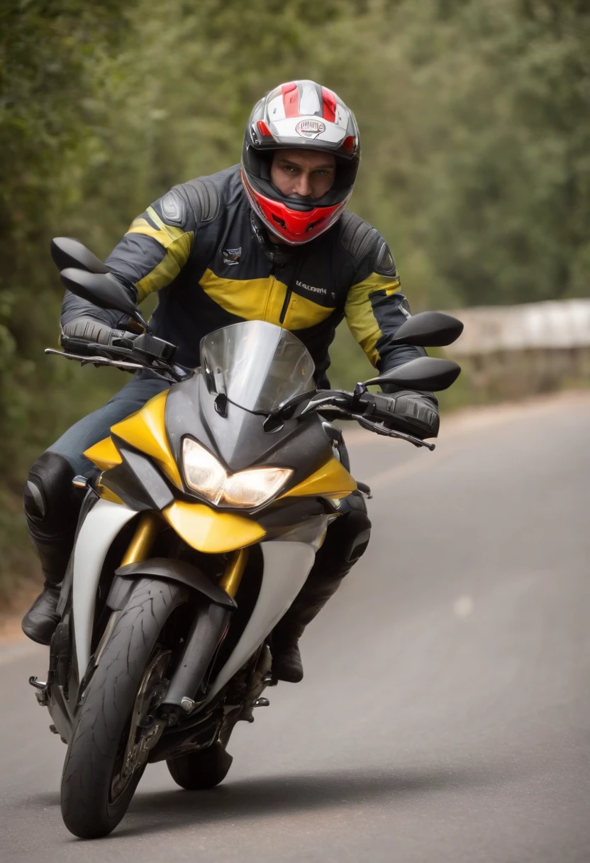 HOMEM DE MOTO, MOTO BRASILEIRA, CAMISA DO BRASIL, HOMEM BRASILEIRO COM BANDEIRA DO BRASIL, FUNDO DA IMAGEM ESTRADA DO BRASIL, MOTO IS A HONDA TITAN 160 OR AN NXR BROS 160, MOTOCICLISTA DE FRENTE