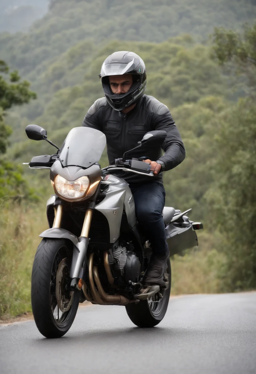 HOMEM DE MOTO, MOTO BRASILEIRA, CAMISA DO BRASIL, HOMEM BRASILEIRO COM BANDEIRA DO BRASIL, FUNDO DA IMAGEM ESTRADA DO BRASIL, MOTO IS A HONDA TITAN 160 OR AN NXR BROS 160, MOTOCICLISTA DE FRENTE