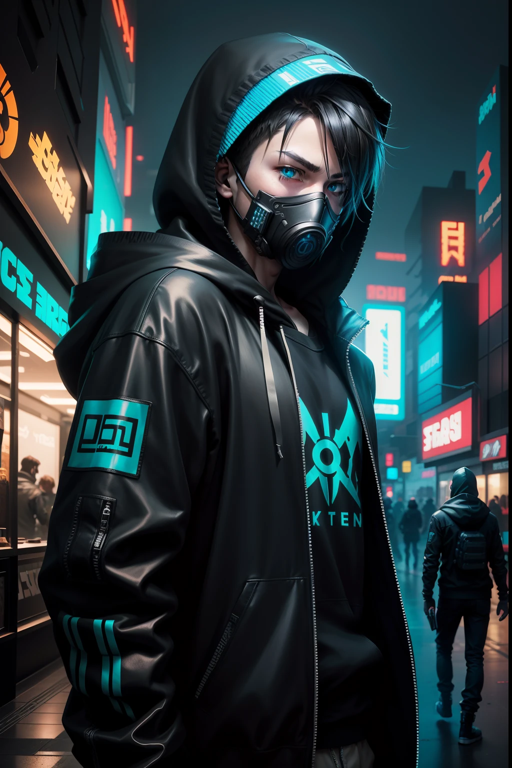 There was a boy wearing a mask and a black hoodie，Knife in hand, hyper-realistic cyberpunk style，Digital Cyberpunk Anime Style，cyan colors