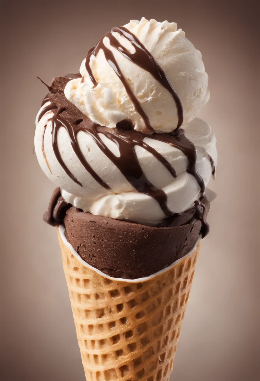 There is a chocolate cone,Top with chocolate toppings, chocolate, fuji choco, , food advertisement, fully chocolate, , advertisement picture, chocolate. Typography design,Picture design,Minimalist style