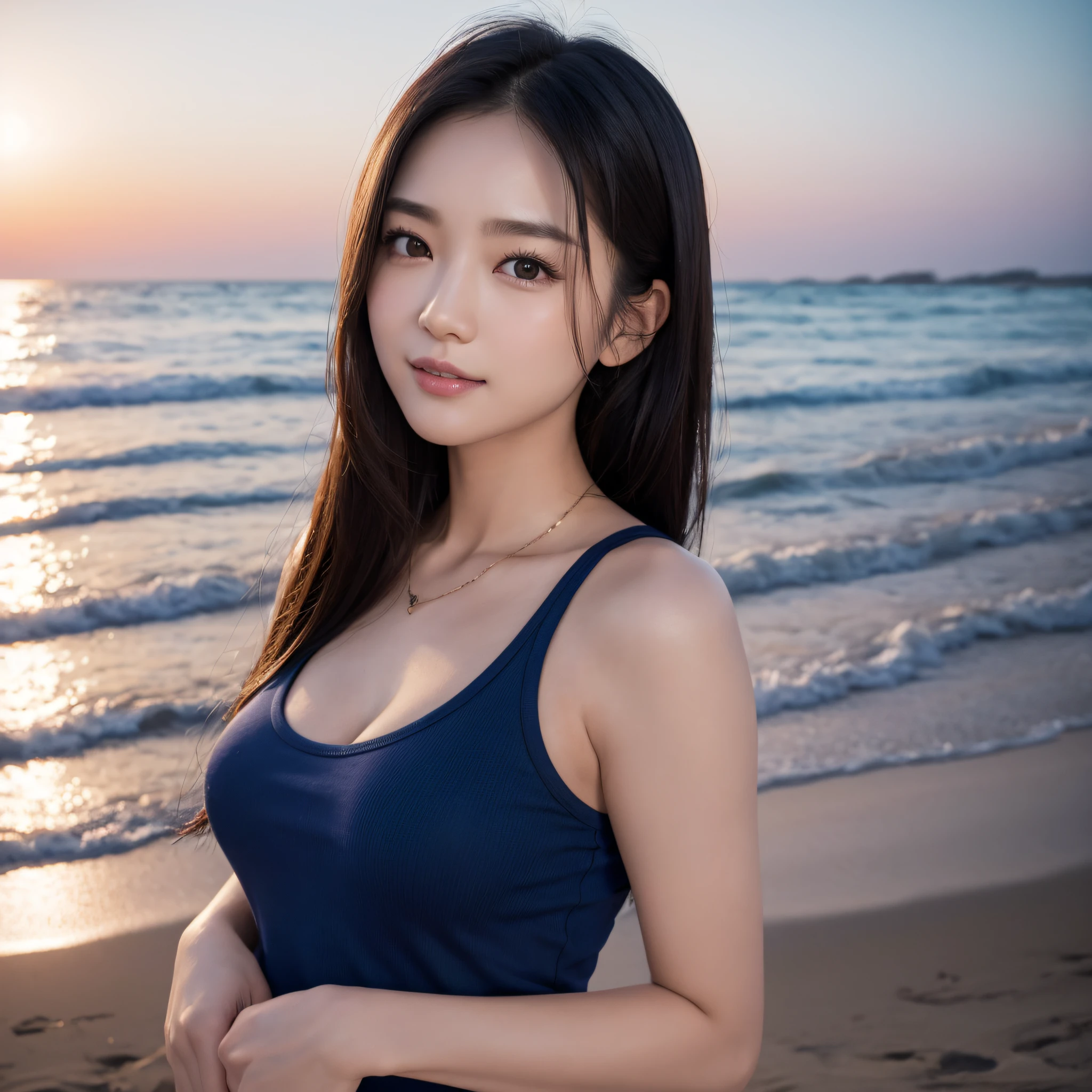 One lady、((best qualtiy、8k masterpieces:1.3))、foco nítido:1.2、(ultra beautiful faces:1.0)、(shinny skin:1.0)、photos realistic、A dark-haired、Video Lighting、High-definition eyes and face、Video Lighting、(Korean Cute Actress)、from the front side、medium breasts、ssmile、Slender Abs Beauty、Whole body、wearing t-shirts、On the beach at night