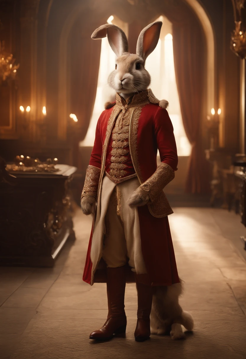 ((Dressed in medieval European aristocratic clothing)), ((Anthropomorphic humanoid rabbit)), (((The hair is clear and real)))Intricate works by Gleebles, ((Throne Room)), luxurious decor, aristocratic clothes, Noble clothes , Small head, Titan, leather shoes, Soft lighting, 32K, Ultra photo realsisim , Background details are exquisite,The scene is surreal,Create captivating graphic styles, No Man,