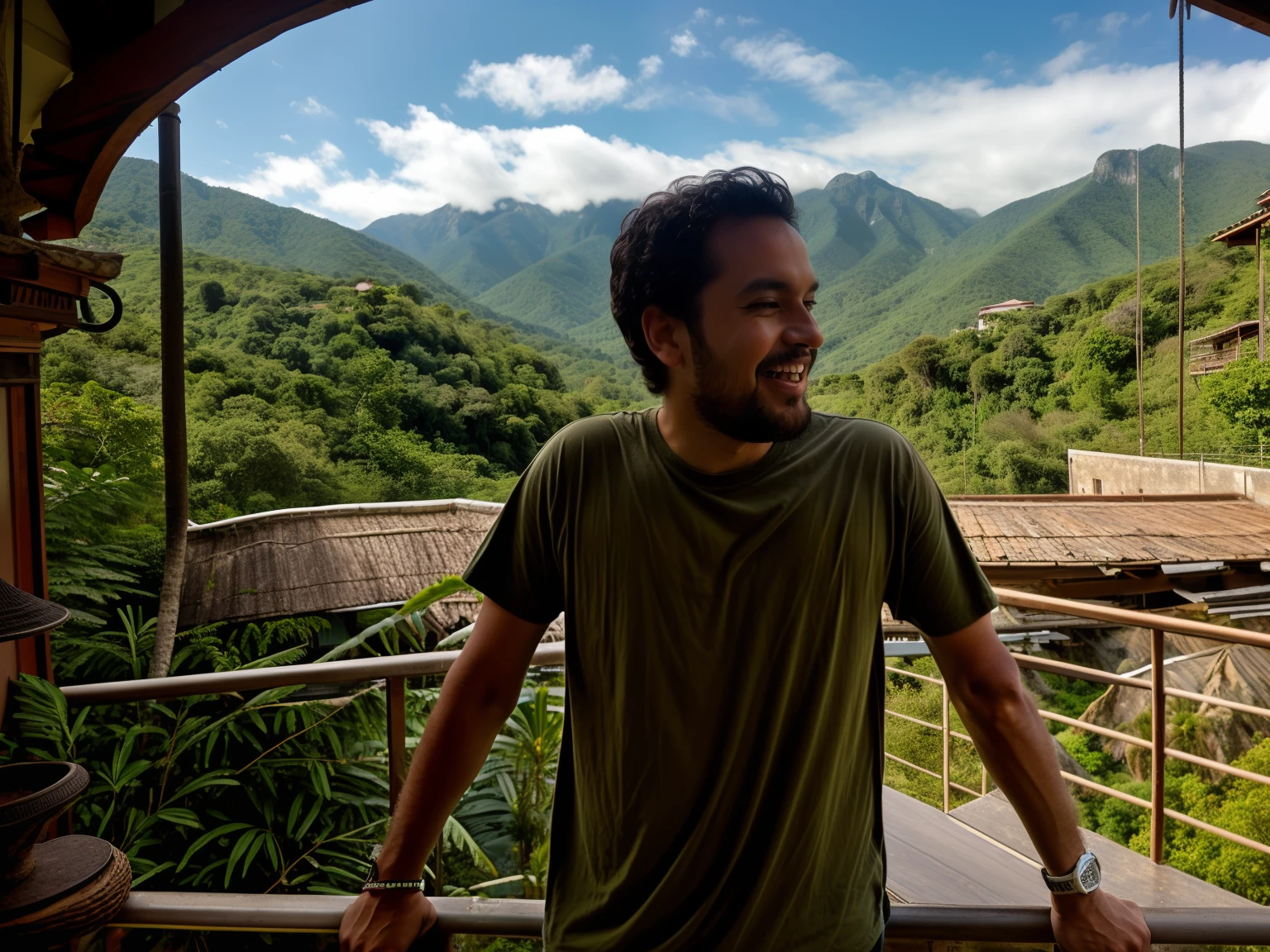 there is a man standing on a balcony with a view of a valley, jungles in the background, hills in the background, with mountains in the background, in a scenic background, standing in front of a mountain, with a happy expression, with mountains in background, in front of a forest background, the ocean in the background, with mountains as background