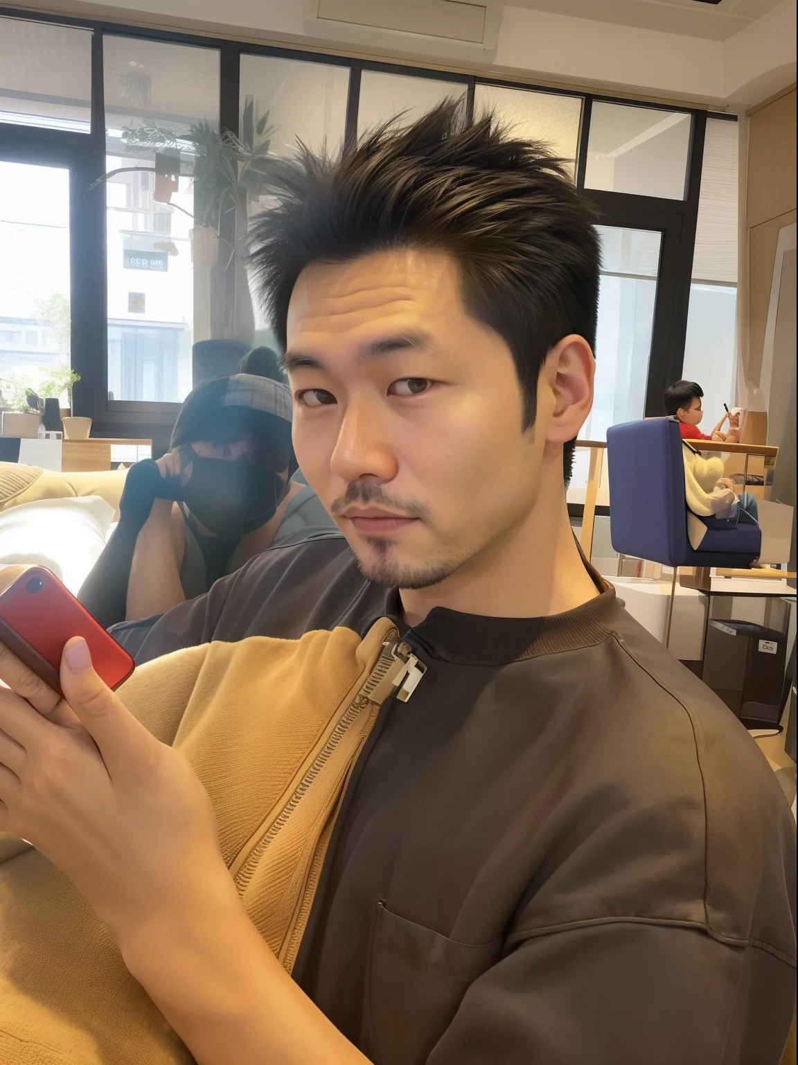 There is a man sitting on a sofa holding a mobile phone, taken in the early 2020s, (((luke chueh))), taejune kim, With a big head, Asian Male, smooth in _ Background with, holding a stuff, he is about 30 years old, He is about 3 0 years old, young cute wan asian face, Beautiful skin