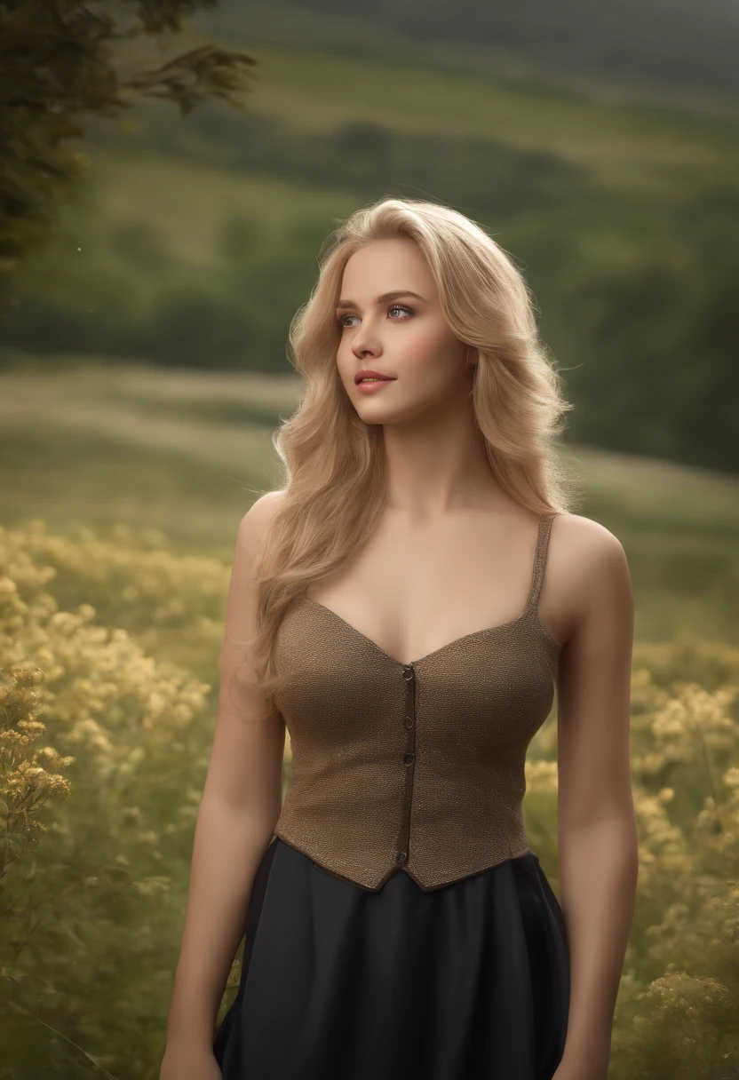 (Masterpiece, best quality, photorealistic, highres, photography, :1.3), 1 blonde girl, 18 years old, European girl, (small breasts), seductive gaze, realistic skin, perfect body, cleavage, midriff, extremely detailed hair, (cute), ((nude)), outdoor, ((realistic, super realistic, realism, realistic detail))