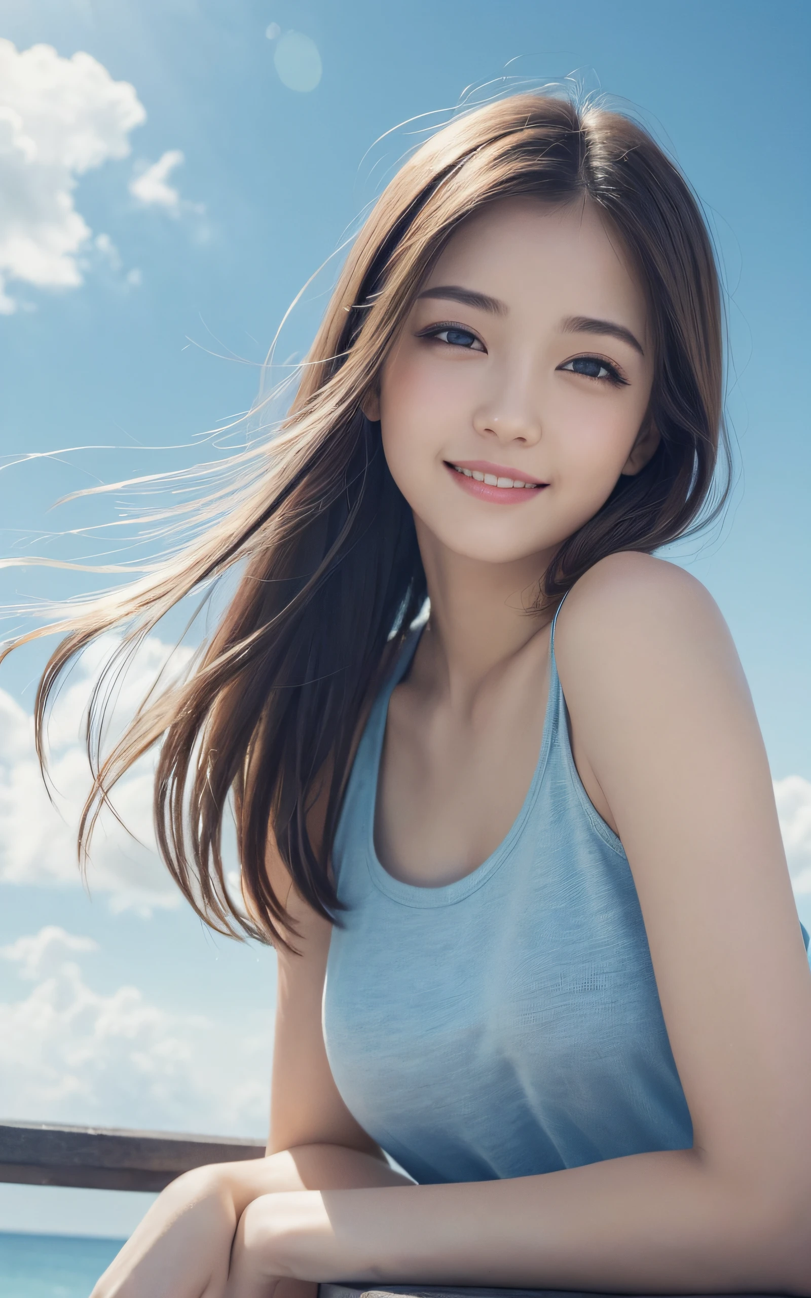 (Cute girl in slender small breast sleeveless shirt:1.5)、(Let your hair flutter in the wind、One girl smiling with arms outstretched:1.3)、(Open space of blue sky and white clouds:1.3)、(tre anatomically correct:1.3)、(complete hands:1.3)、(complete fingers:1.3)、(cleavage of the breast)、Photorealsitic、Raw photography、masutepiece、top-quality、Hi-Res、delicate and pretty、face perfect、Beautiful detailed eyes、Fair skin、Real Human Skin、pores、((thin legs))、(Dark hair)