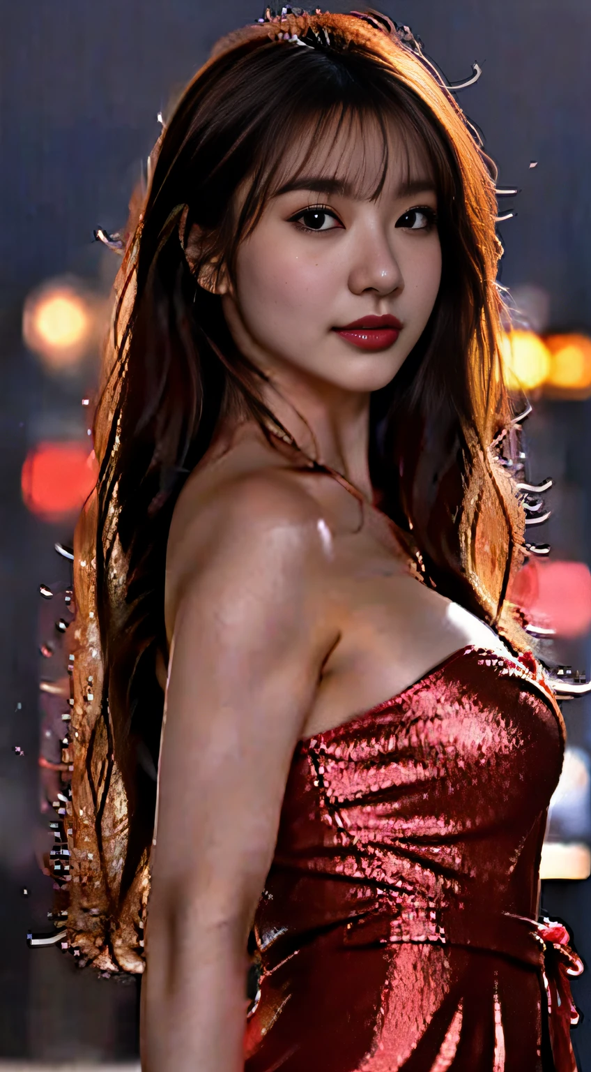 top-quality。8K-Picture。Ultra-high pixel。The background is the city at night。girl with。hair is long and slightly wavy,,,,,,,,,,,,,,,,,,,,,,,,,,,,,,,。The color is dark brown。Glamour style、((amazingly massive breasts:1.8))。wearing red dress、Photos dancing brilliantly。Delicate finish overall。The body line is gorgeous。legs are long、Wear red high heels。Hair shines like a reflection of the street。The eyeball reflects the surrounding landscape。The skin is wet with night dew。Almost perfect woman。time々In close-up of the upper body。