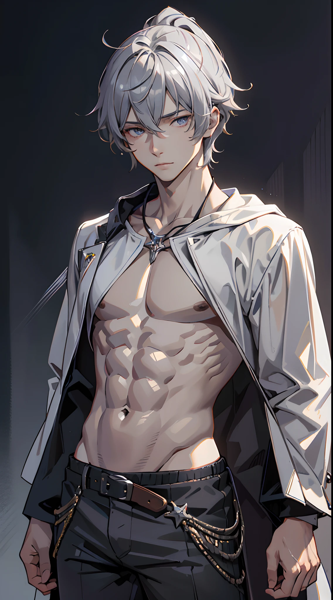 4K, high resolution, Best quality, Masterpiece, perfect colors, perfectly shaded, Perfect lighting, posted on e621, (by Chunie), anthro, ((Portrait)), ((Handsome man)), perfect male figure, short detailed hair,Wear men's shorts,Abs,musculature,chest muscle,Abs,Naked upper body,Detailed face, Perfect face, (The stands up), Detailed background, ((Bonifasko lighting)), (Detailed eyes), perfect pupils,((Silver-gray skin))