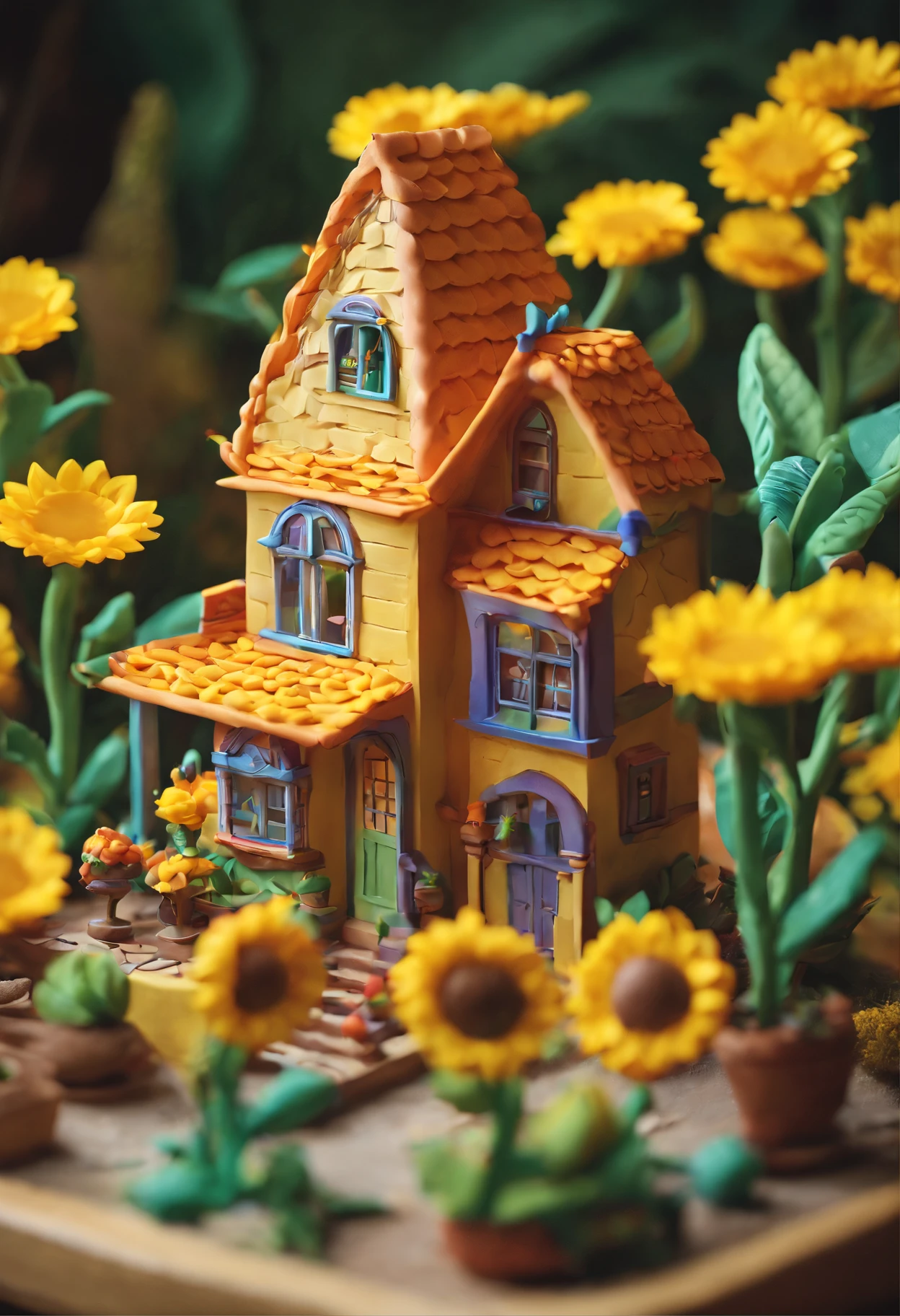 a sunflower house gloria studio, the garden is full of sunflowers, clay material, cartoonish design style, pop mart, soft lighting, smooth lines, tilt-shift lenses, detailed science fiction illustrations, hyper-realistic details, warm color