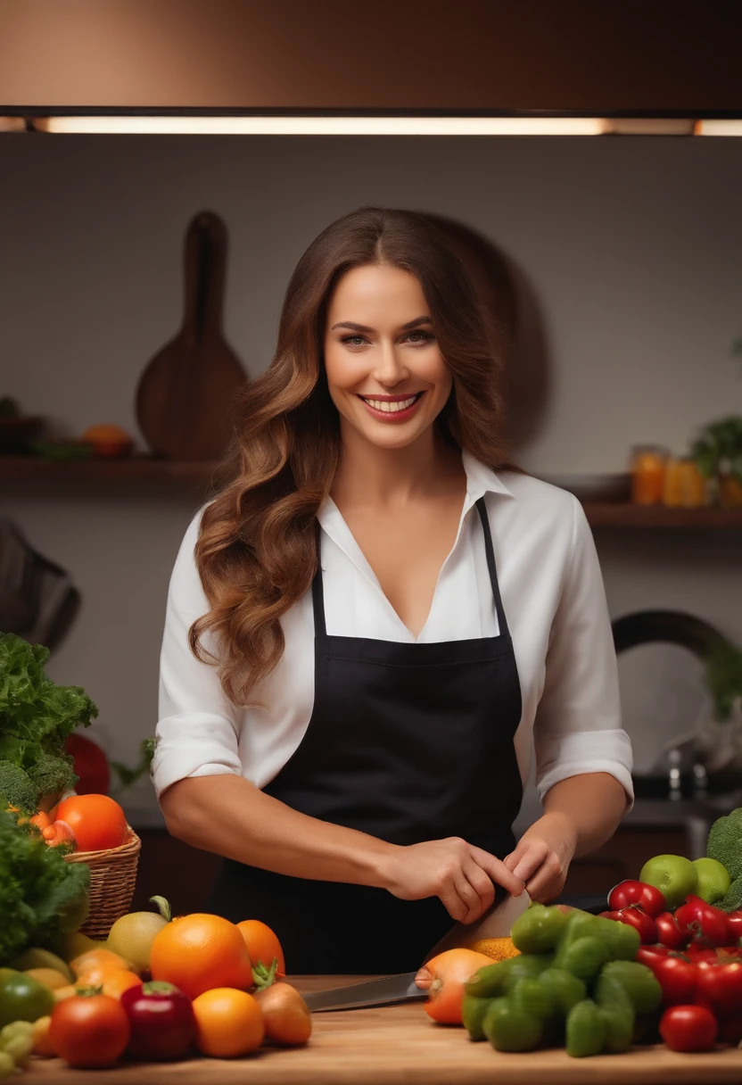 A woman in an apron standing in front of a table full of vegetables ...