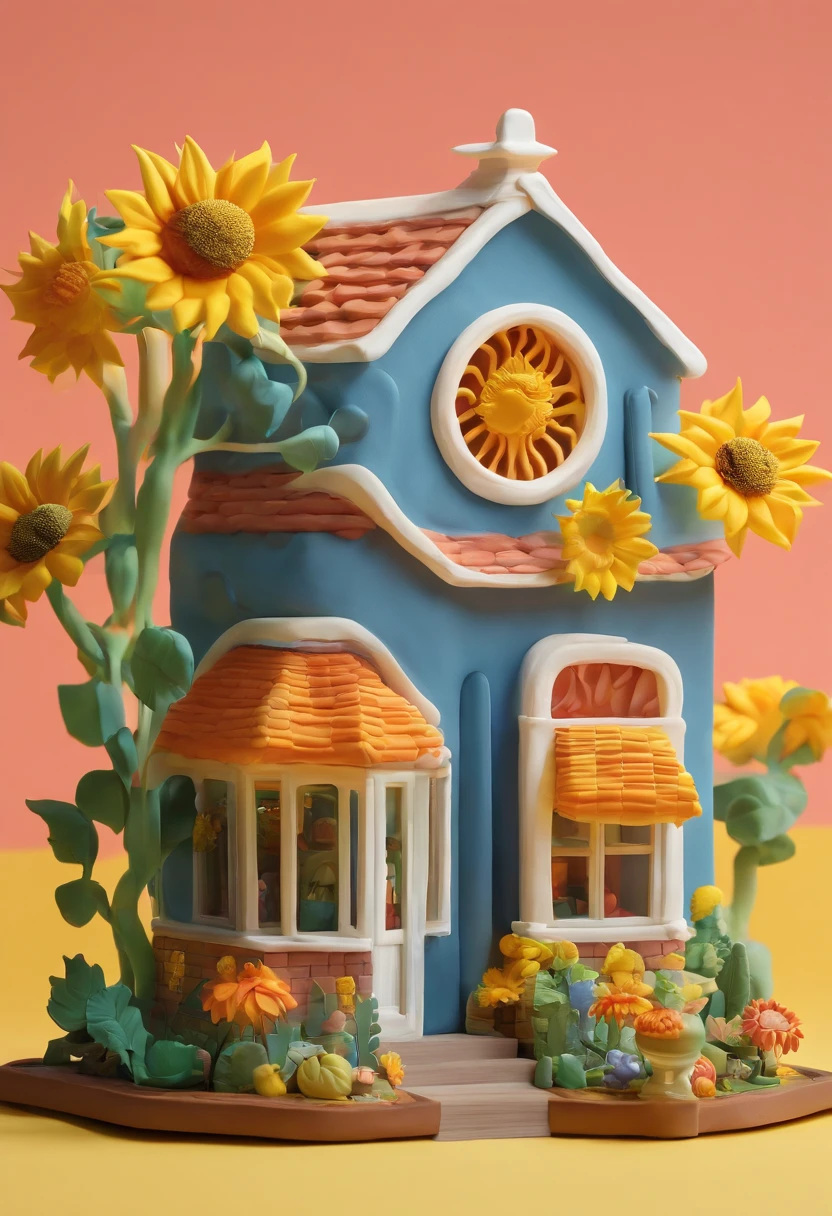 a sunflower house gloria studio, the garden is full of sunflowers, clay material, cartoonish design style, pop mart, soft lighting, smooth lines, tilt-shift lenses, detailed science fiction illustrations, hyper-realistic details, warm color