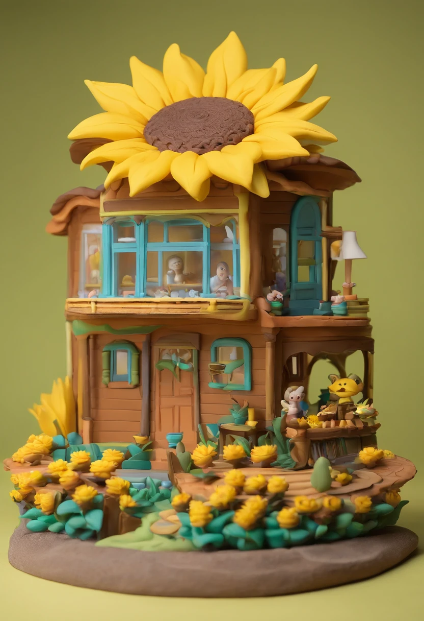a sunflower house gloria studio, the garden is full of sunflowers, clay material, cartoonish design style, pop mart, soft lighting, smooth lines, tilt-shift lenses, detailed science fiction illustrations, hyper-realistic details, warm color