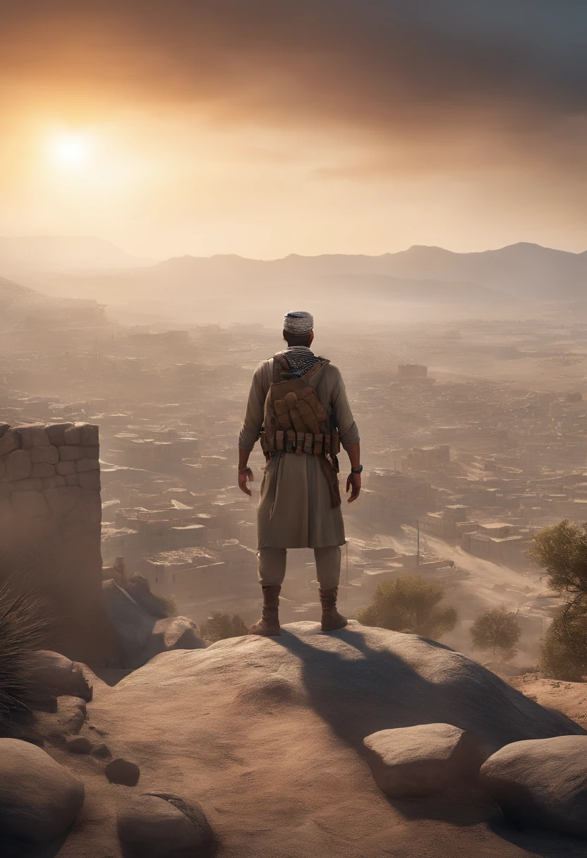 Image of Arafat standing on a rocky hill, with the city as the background, ruined city in the background, squad fighting enemy, Sit on a dusty hilltop, in pubg, easy, very clear picture, ruined city in the background, farcry, warzone background, game screenshot, destroyed city in background