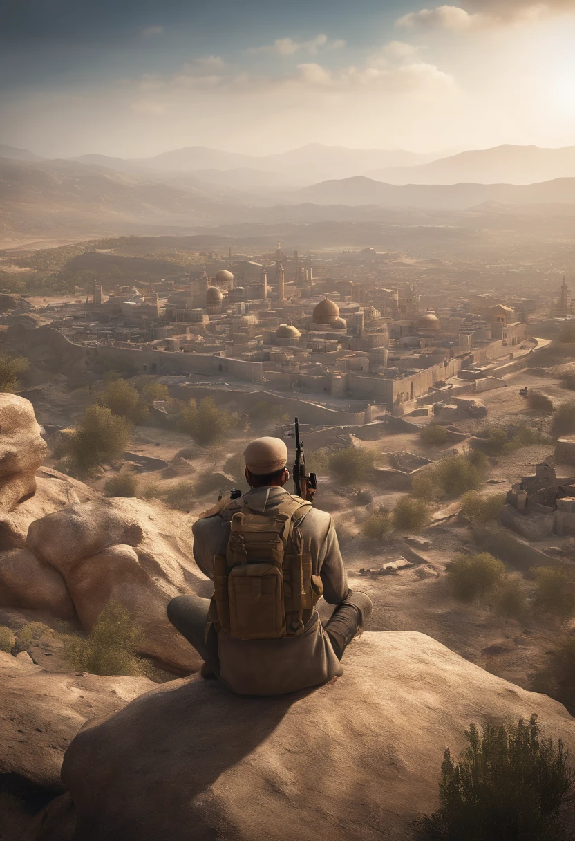 Image of Arafat standing on a rocky hill, with the city as the background, ruined city in the background, squad fighting enemy, Sit on a dusty hilltop, in pubg, easy, very clear picture, ruined city in the background, farcry, warzone background, game screenshot, destroyed city in background