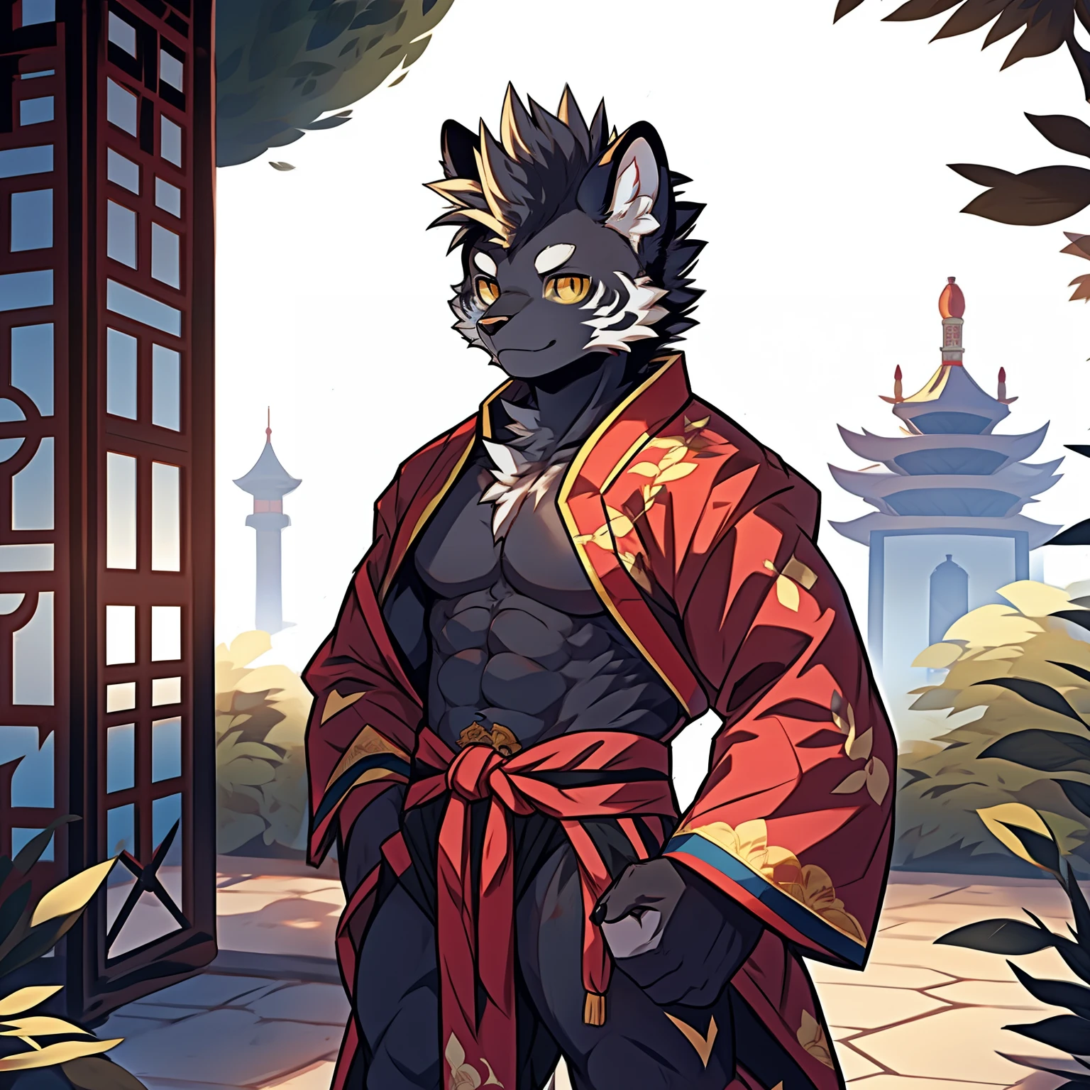 Best quality, Young, 15 year old, Furry, Solo, Male tiger: 1.5, Black colored skin:1.3, Black fur:1.3, Yellow eyes, Muscular body, Abs, Wearing Chinese robe, Topless, Standing in the garden of royal palace, Mohawk hair, Detailed fur, Detailed cloths, Furry animal ears, Humanoid hand.