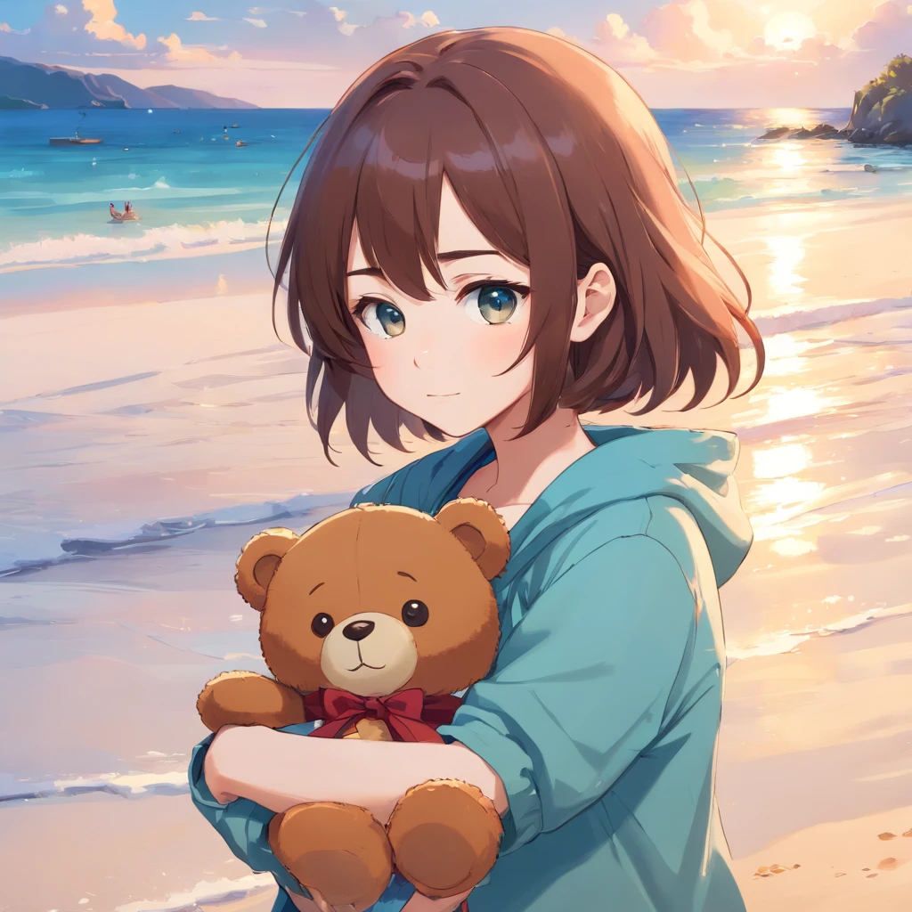 there is a woman holding a teddy bear on the beach, kawaii realistic portrait, cute anime girl, anime visual of a cute girl, smooth anime art, artwork in the style of guweiz, portrait of cute anime girl, cute portrait, beautiful anime portrait, beautiful anime girl, cute anime girl portrait