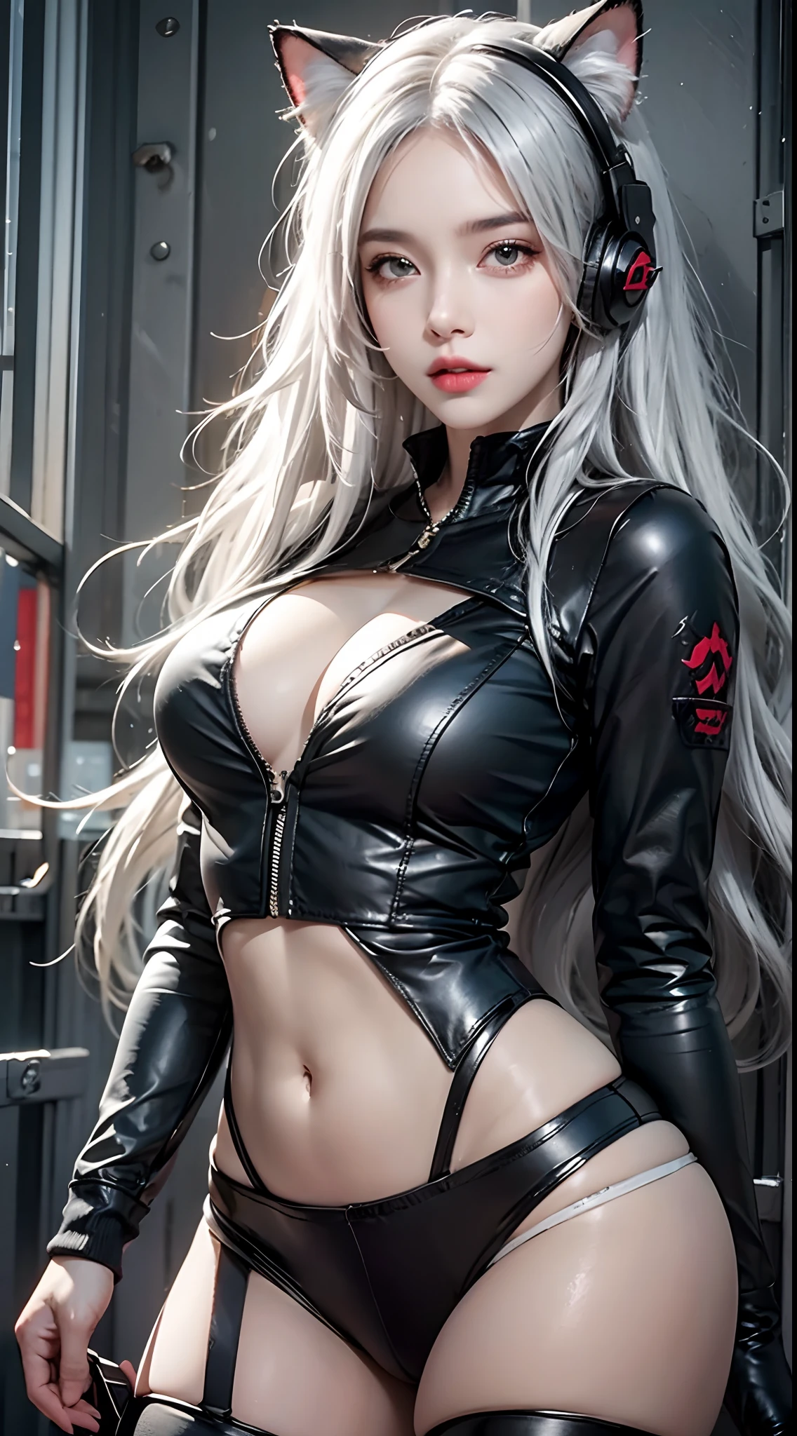 photorealistic, high resolution, soft light,1women, solo, hips up, (detailed face), jewelry, outfit-skyline, white hair, cat ears, headphone