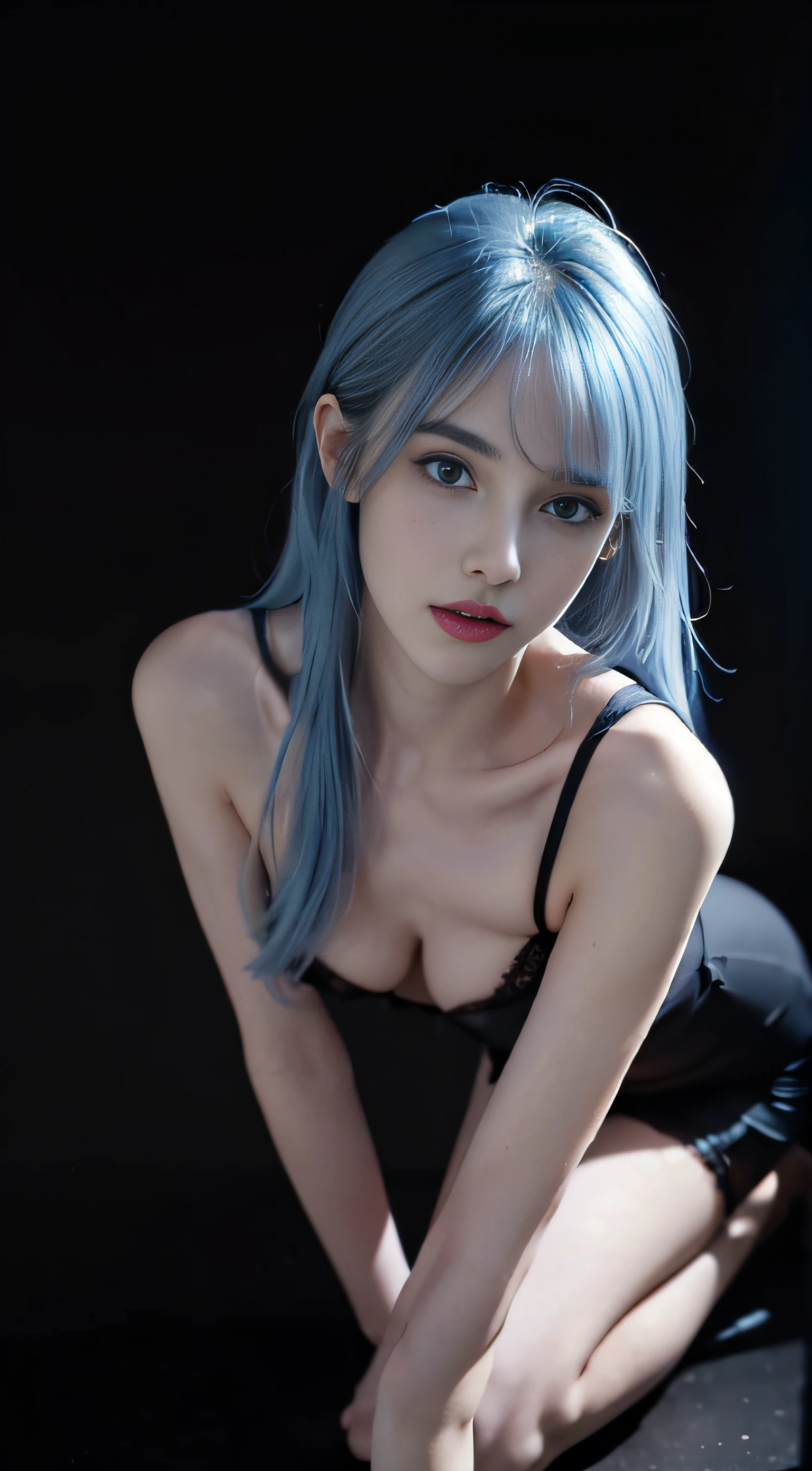 8K, Top Quality, Intricate Details, Ultra Detail, Ultra High Resolution, Masterpiece, view from above, Slender, Smile, (Makeup: 0.4), (Fluffy Blue Eyes: 1.21), blue Eyes, looking at viewer, ((full body)), 1girl, solo, 1 girl, (()), detail nipple, ((hard nipple )), feminine and sexy posture, ((tall)), (((fit body))), (((slim face))), sharp face, sharp eyes, (((sky blue hair, long hair, side bangs)) (detailed face), sharp face, small lips half open strawberry lips, pureerosfaceace_v1,
((black outfit)), detailed face, detailed breast, Beautiful girl with accentuated slender abs: 1.4, Six Pack Abs: 1.4, Bust Botox, Big, Perfect Body, detail leg, (Dark Night Background: 1.2)