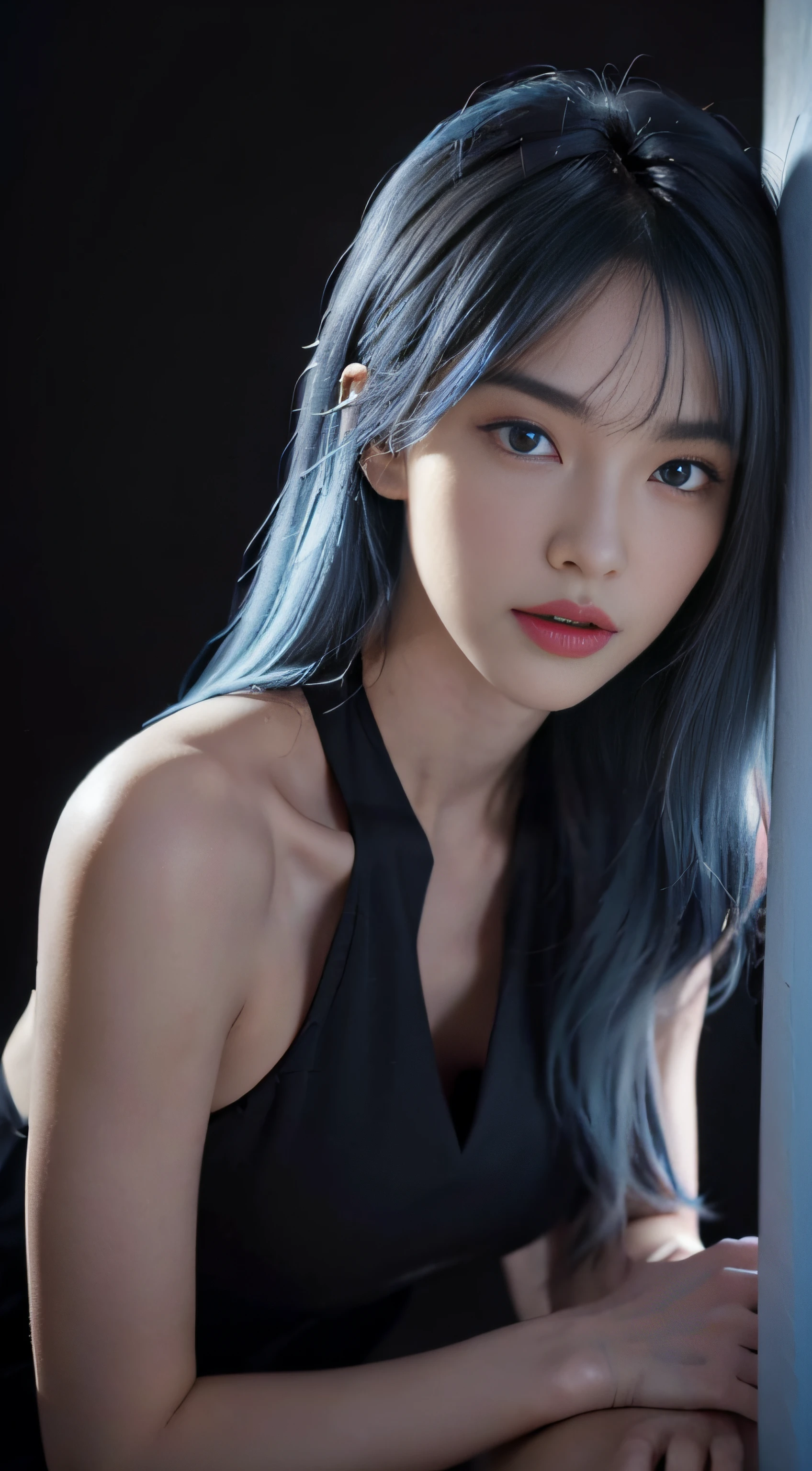 8K, Top Quality, Intricate Details, Ultra Detail, Ultra High Resolution, Masterpiece, view from above, Slender, Smile, (Makeup: 0.4), (Fluffy Blue Eyes: 1.21), blue Eyes, looking at viewer, ((full body)), 1girl, solo, 1 girl, (()), detail nipple, ((hard nipple )), feminine and sexy posture, ((tall)), (((fit body))), (((slim face))), sharp face, sharp eyes, (((sky blue hair, long hair, side bangs)) (detailed face), sharp face, small lips half open strawberry lips, pureerosfaceace_v1,
((black outfit)), detailed face, detailed breast, Beautiful girl with accentuated slender abs: 1.4, Six Pack Abs: 1.4, Bust Botox, Big, Perfect Body, detail leg, (Dark Night Background: 1.2)