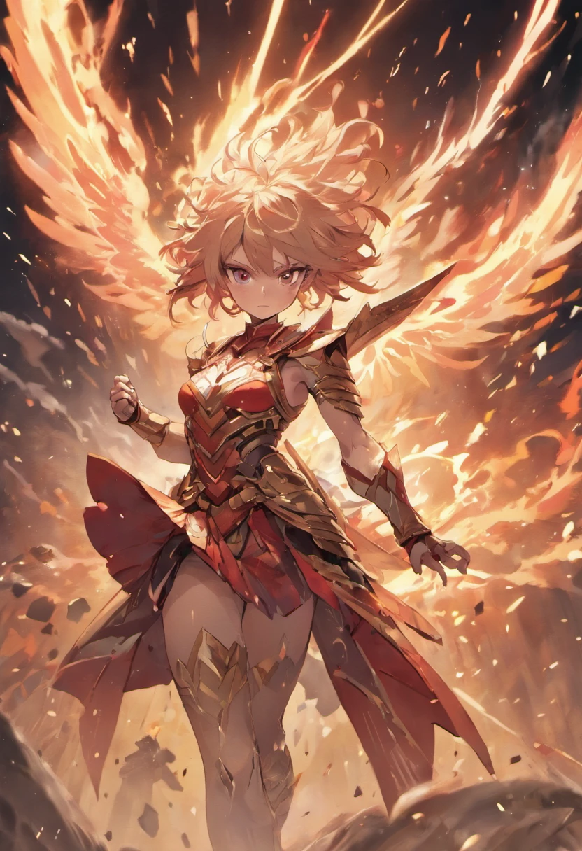 (best quality,4k,highres,realistic:1.2),ultra-detailed,illustrate,manga style,epic battle,angel,white armor,beautiful detailed wings,eye-catching halo,demon,red and black armor,frightening horns,scary detailed wings,fire and thunders,ominous dark clouds,flames engulfing the scene,powerful lightning bolts,clashing swords,sparks flying,high-speed movements,showcasing speed and strength,energetic battle,stunning visual effects,dynamic poses,dramatic perspective,explosions,impactful strikes,intense emotions,grim expressions,focus on the characters,striking contrast between light and darkness,contrast between white and red colors,sharp and clean linework,varying line weights,detailed facial features,muscular and well-defined bodies,attention to armor details,background with ruined landscapes,devastation and destruction,atmospheric lighting,shadow and highlights,accentuated textures,strong composition,visually appealing aesthetics,appealing to manga enthusiasts,vivid colors,dynamic storytelling,engaging narrative.