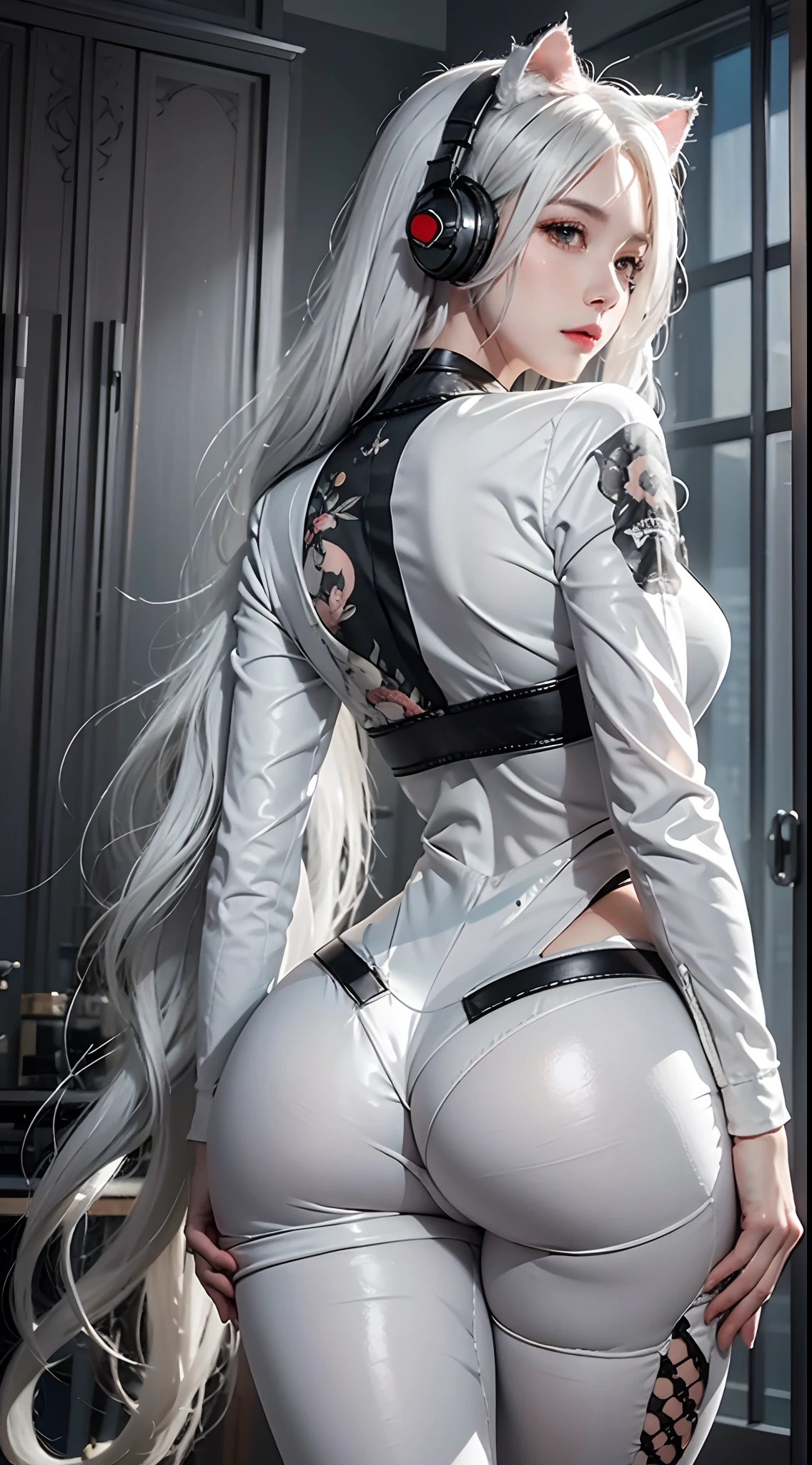 photorealistic, high resolution, soft light,1women, solo, hips up, (detailed face), jewelry, outfit-skyline, white hair, cat ears, headphone, tattoo, back view